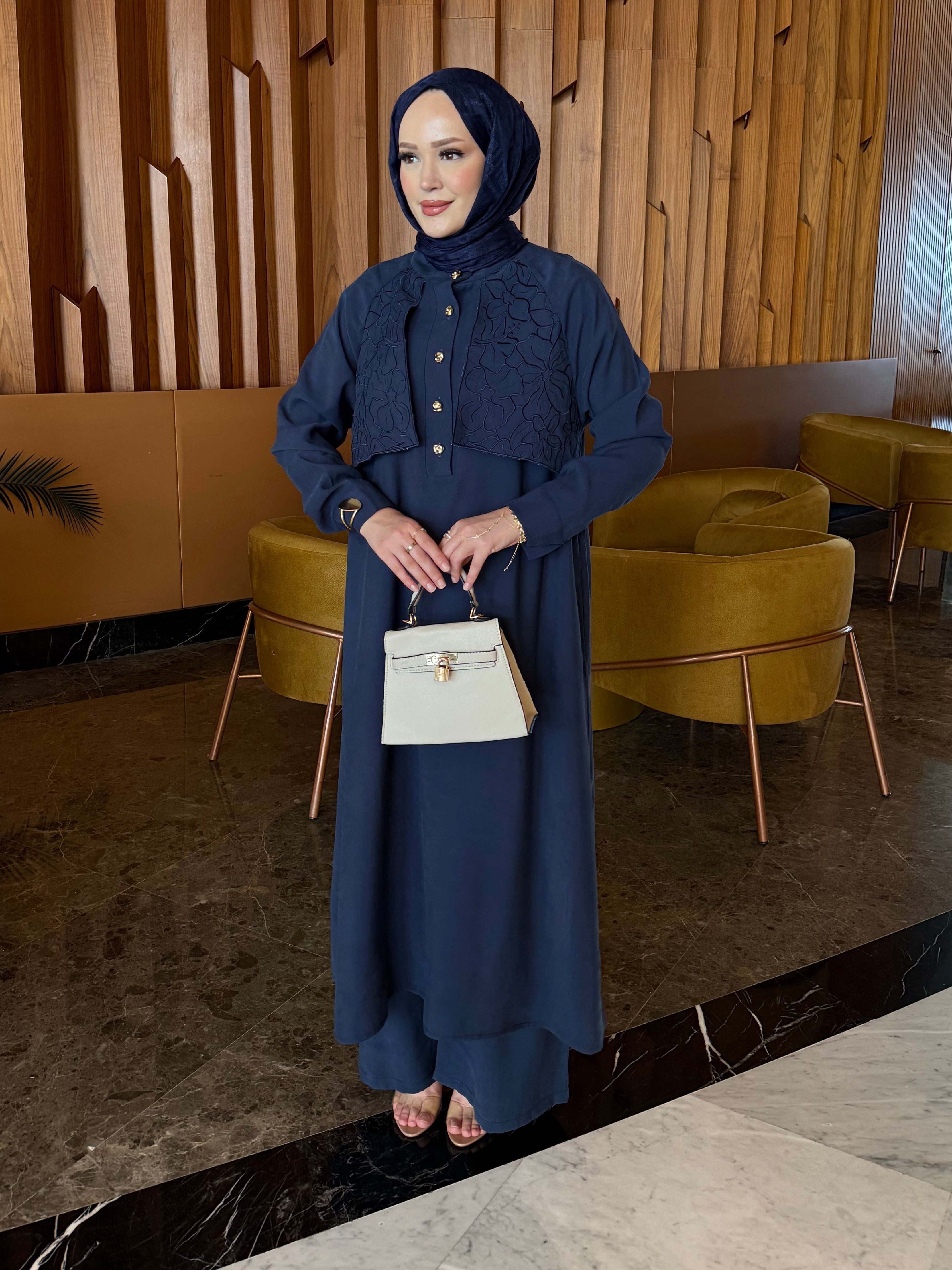 Sahra nakış detaylı tunik & pantolon takım lacivert