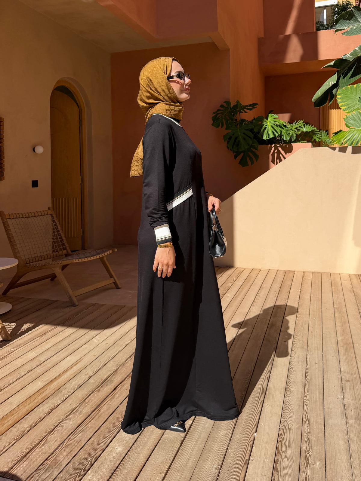 Lina Çizgili Ribana Detaylı siyah Elbise