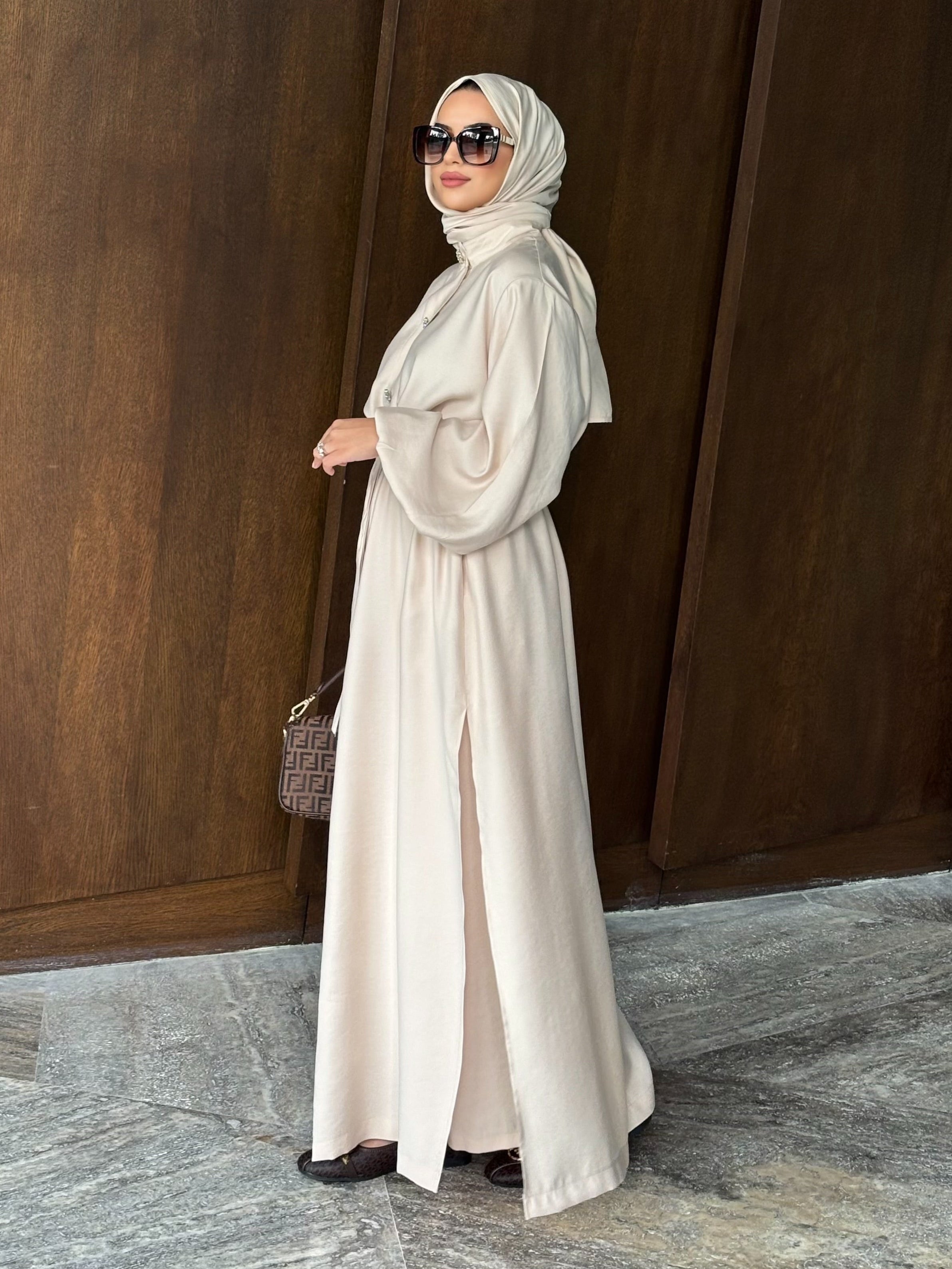 Kristal düğmeli tunik & pantolon takım bej