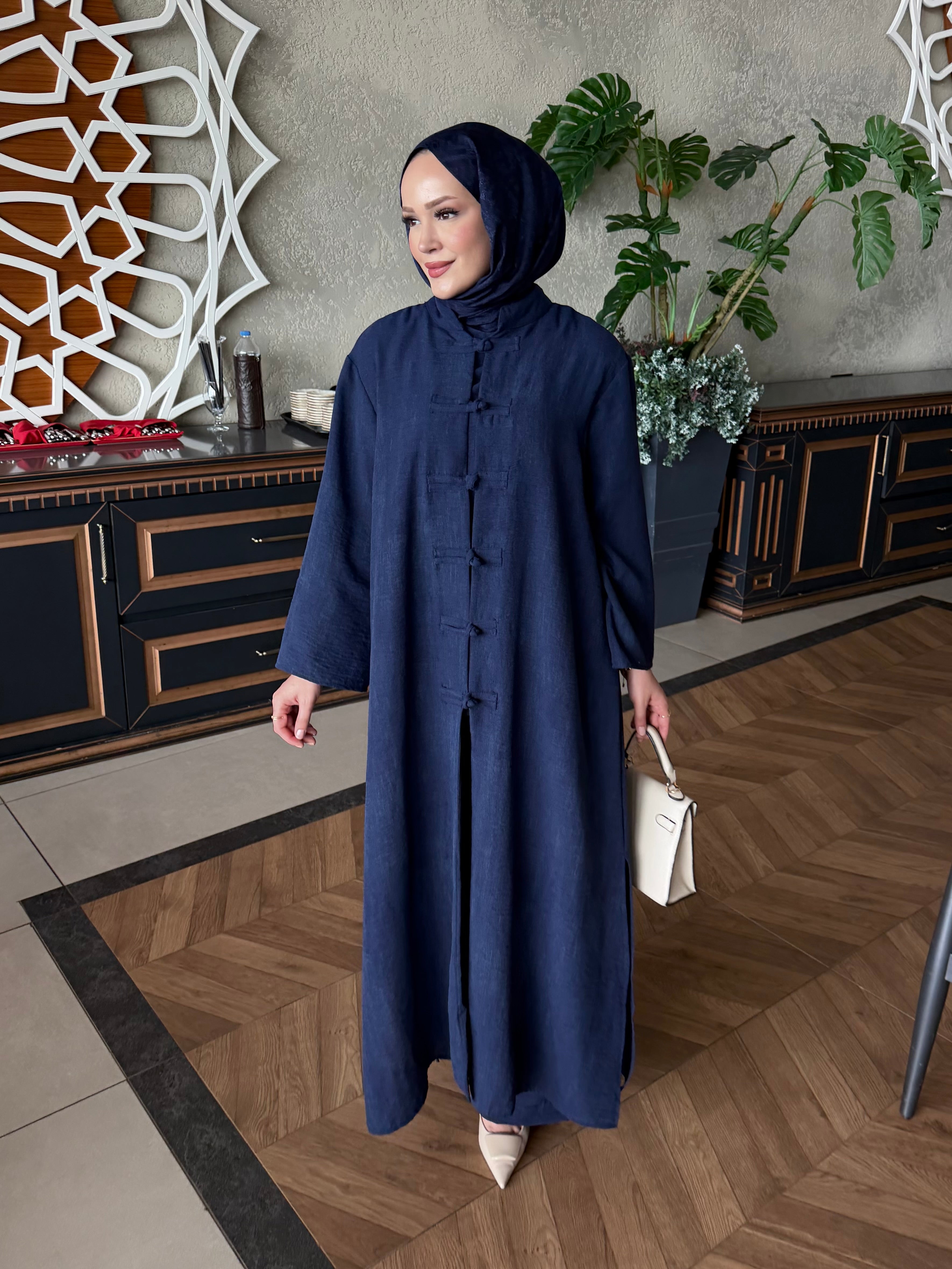 Sakura Çin düğüm kapama tunik & pantolon takım lacivert