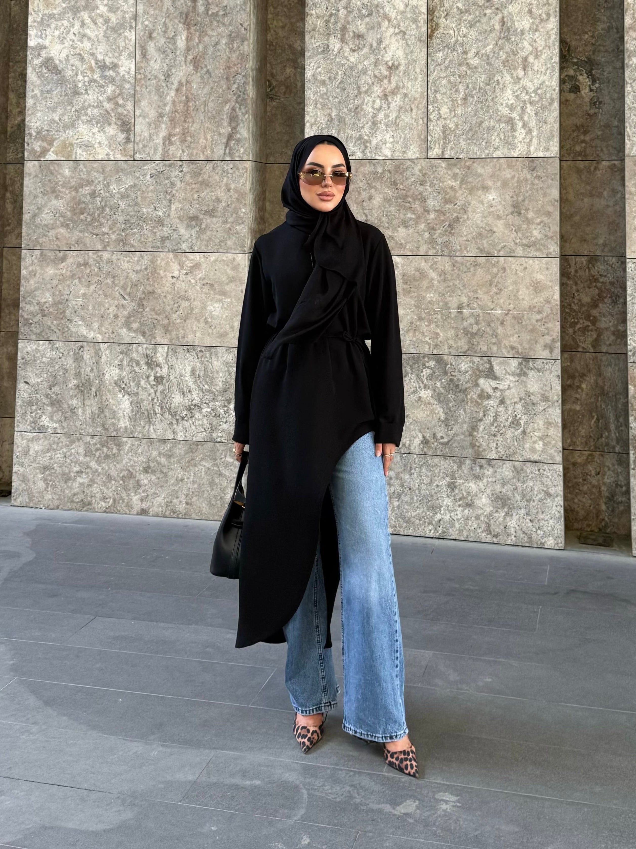 Alina asimetrik kuşaklı tunik siyah