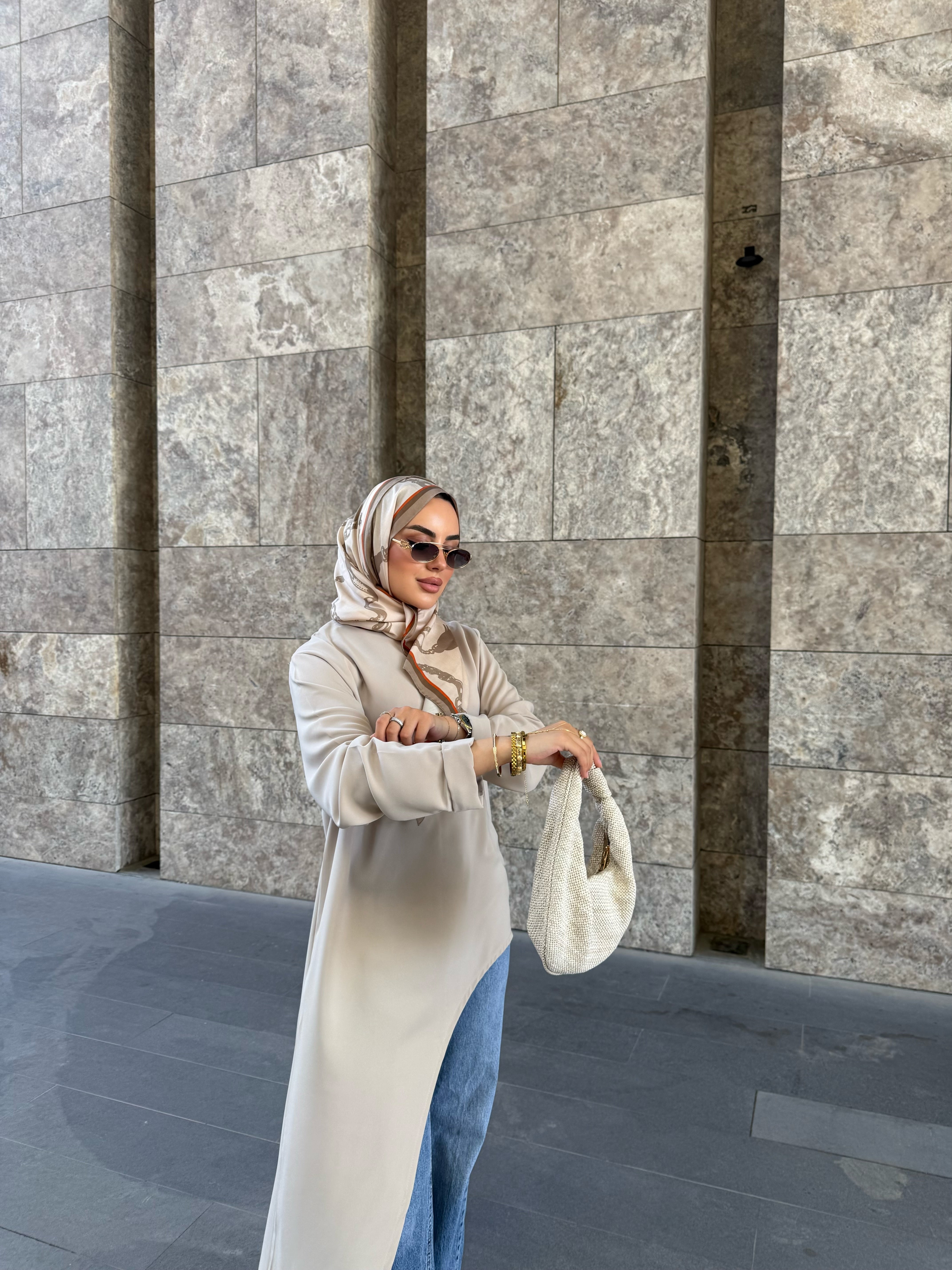 Alina asimetrik kuşaklı tunik Bej