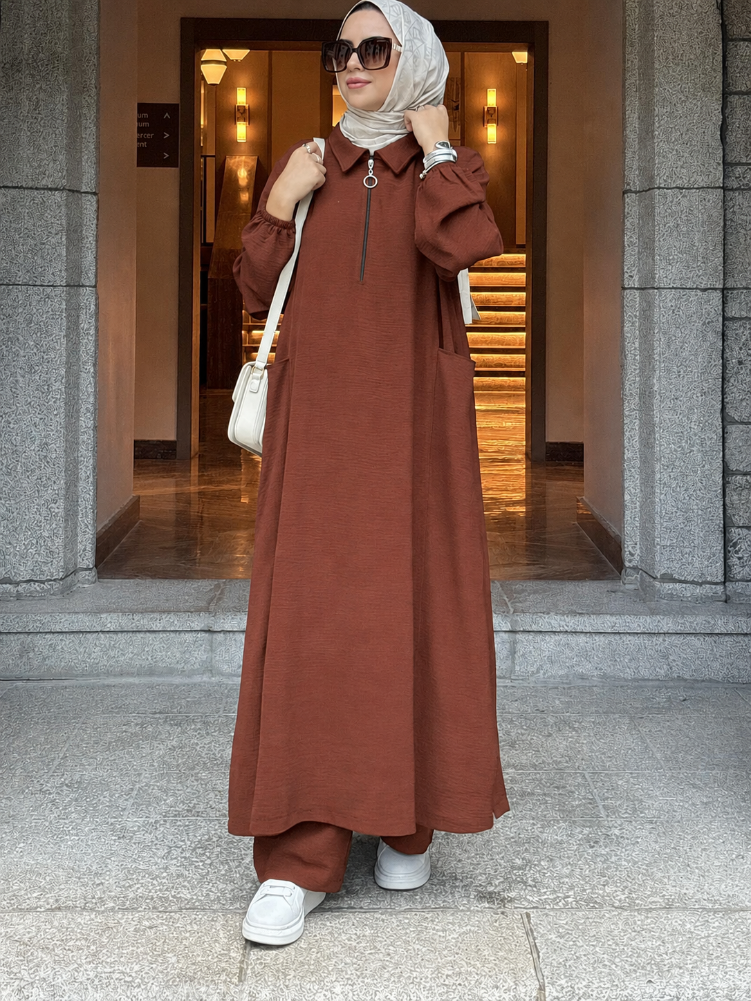 Soft fermuarlı tunik & pantolon takım Kahverengi