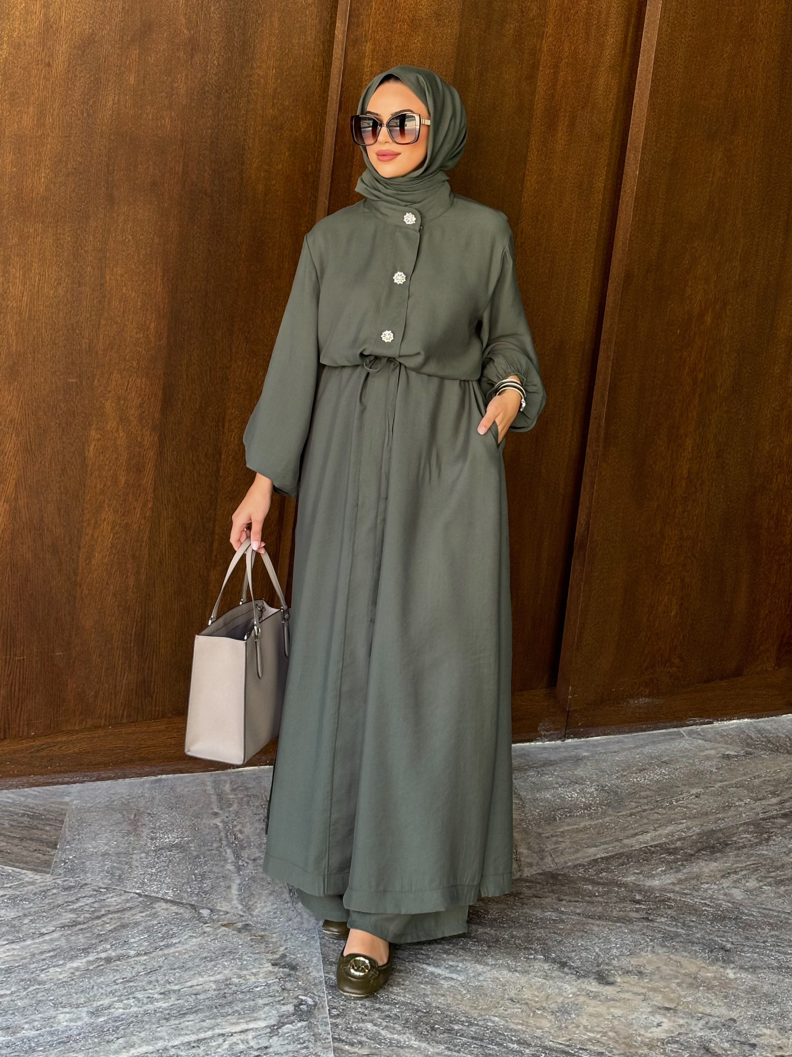 Kristal düğmeli tunik & pantolon takım haki yeşil