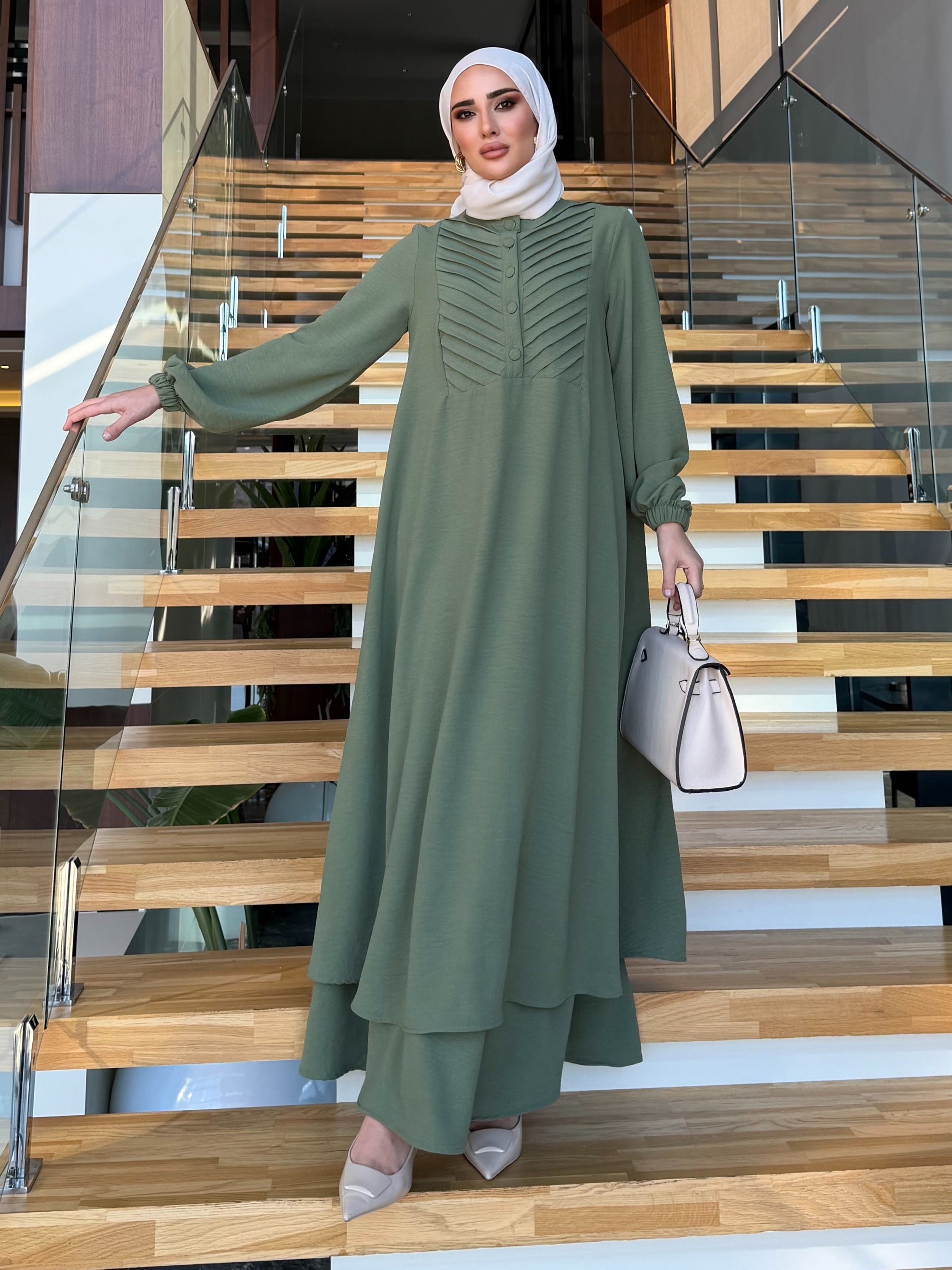 Nazende nervür detaylı tunik & etek mint yeşili