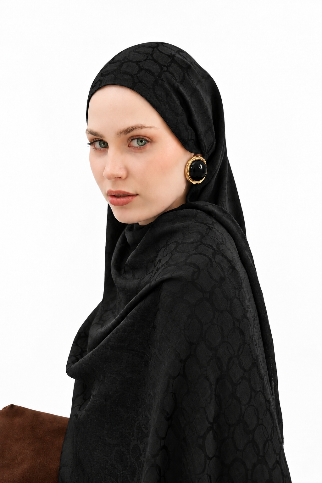Monogram Döngü Desen Pamuklu Jakar Şal Siyah