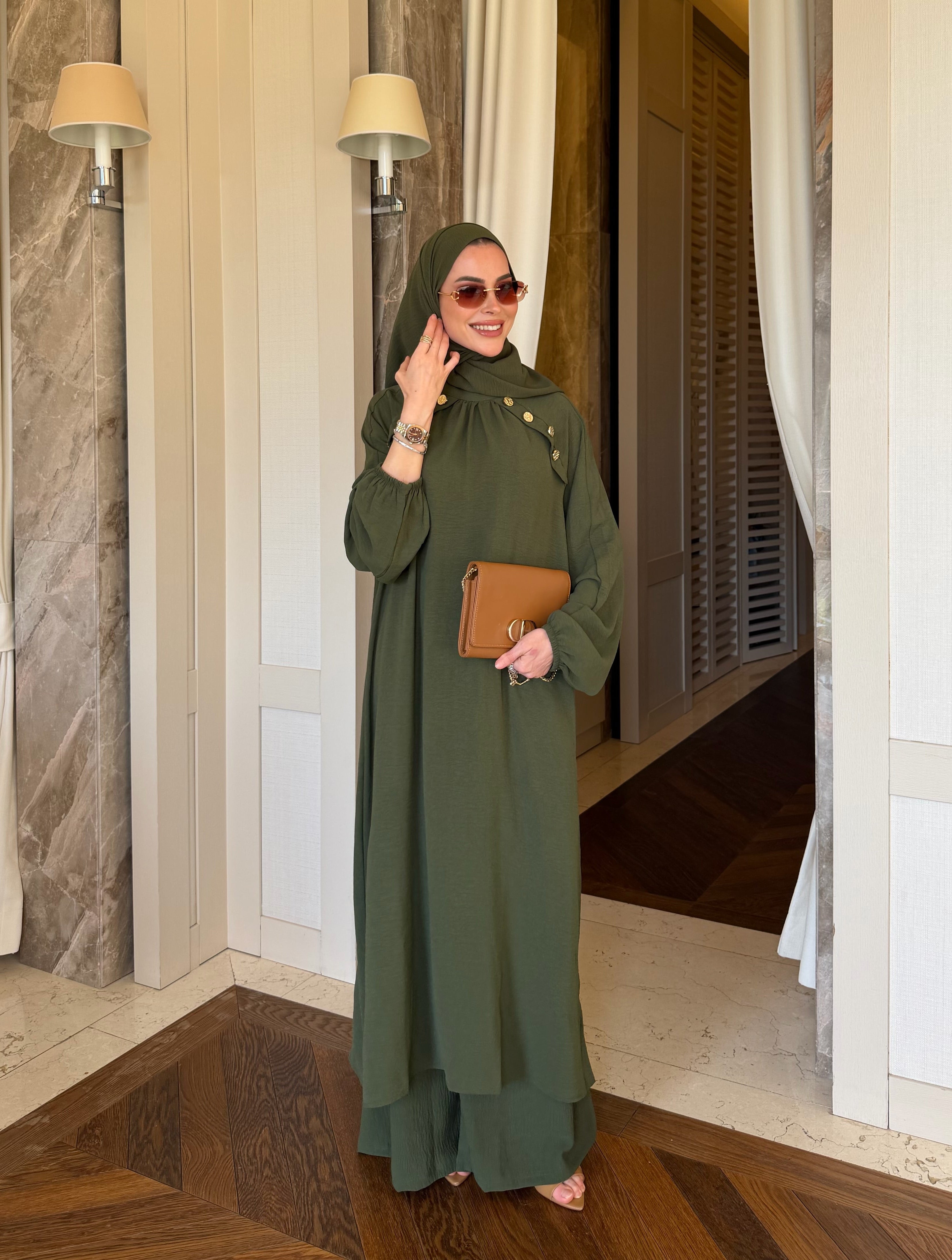 Lavin gold detay düğmeli tunik & pantolon mint yeşili