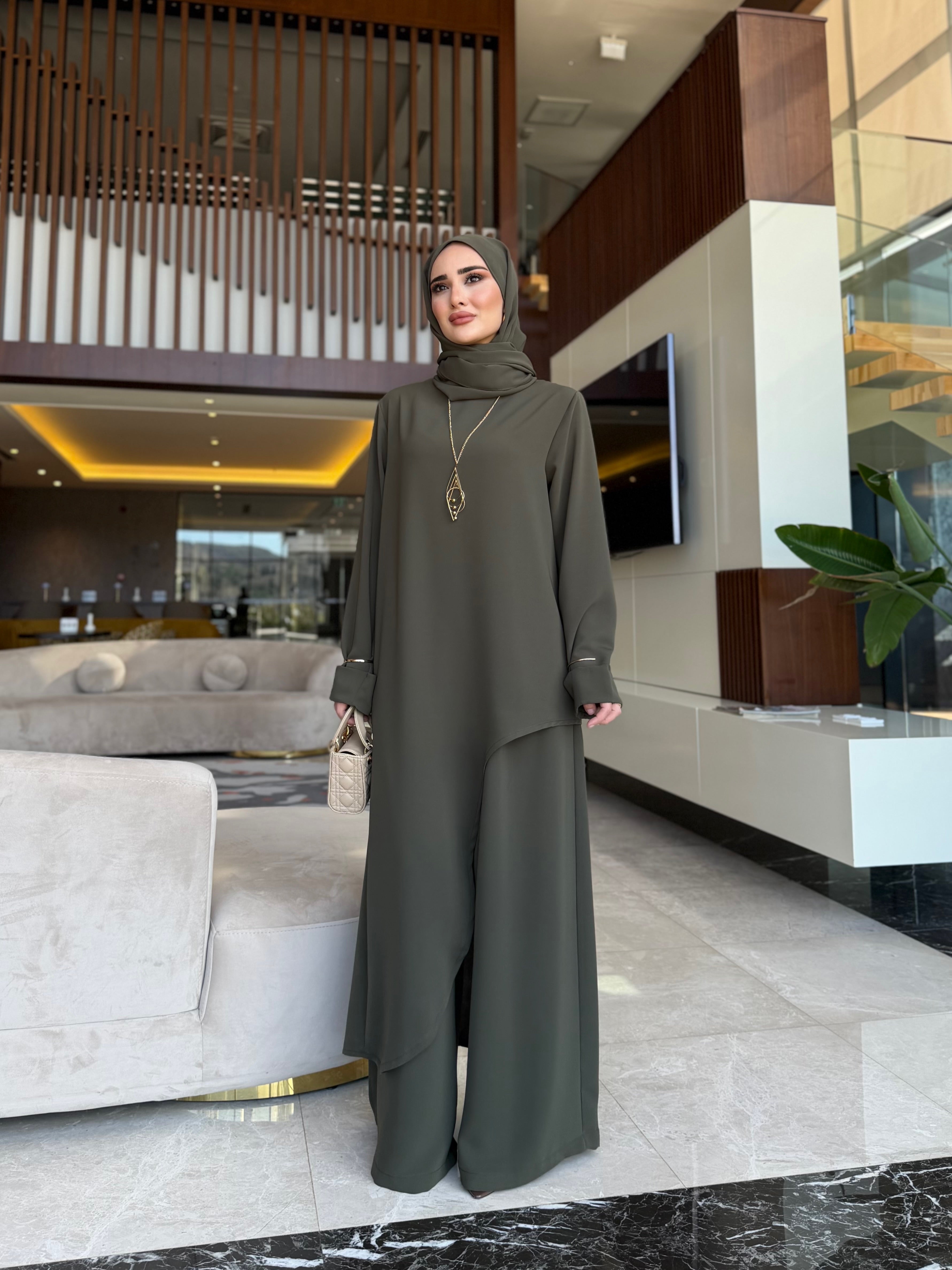 Aura asimetrik kesim tunik & pantolon haki yeşil