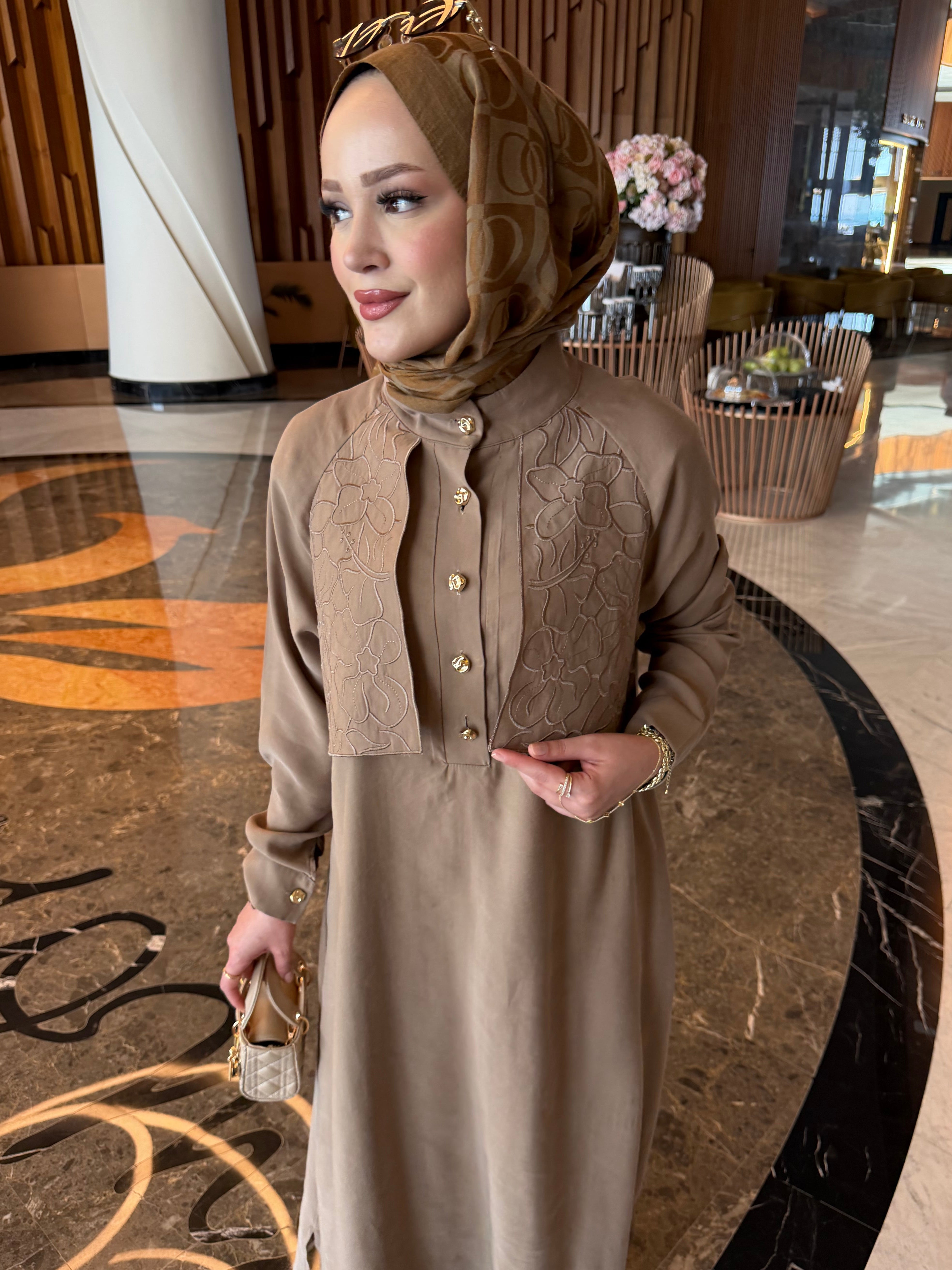 Sahra nakış detaylı tunik & pantolon takım vizon