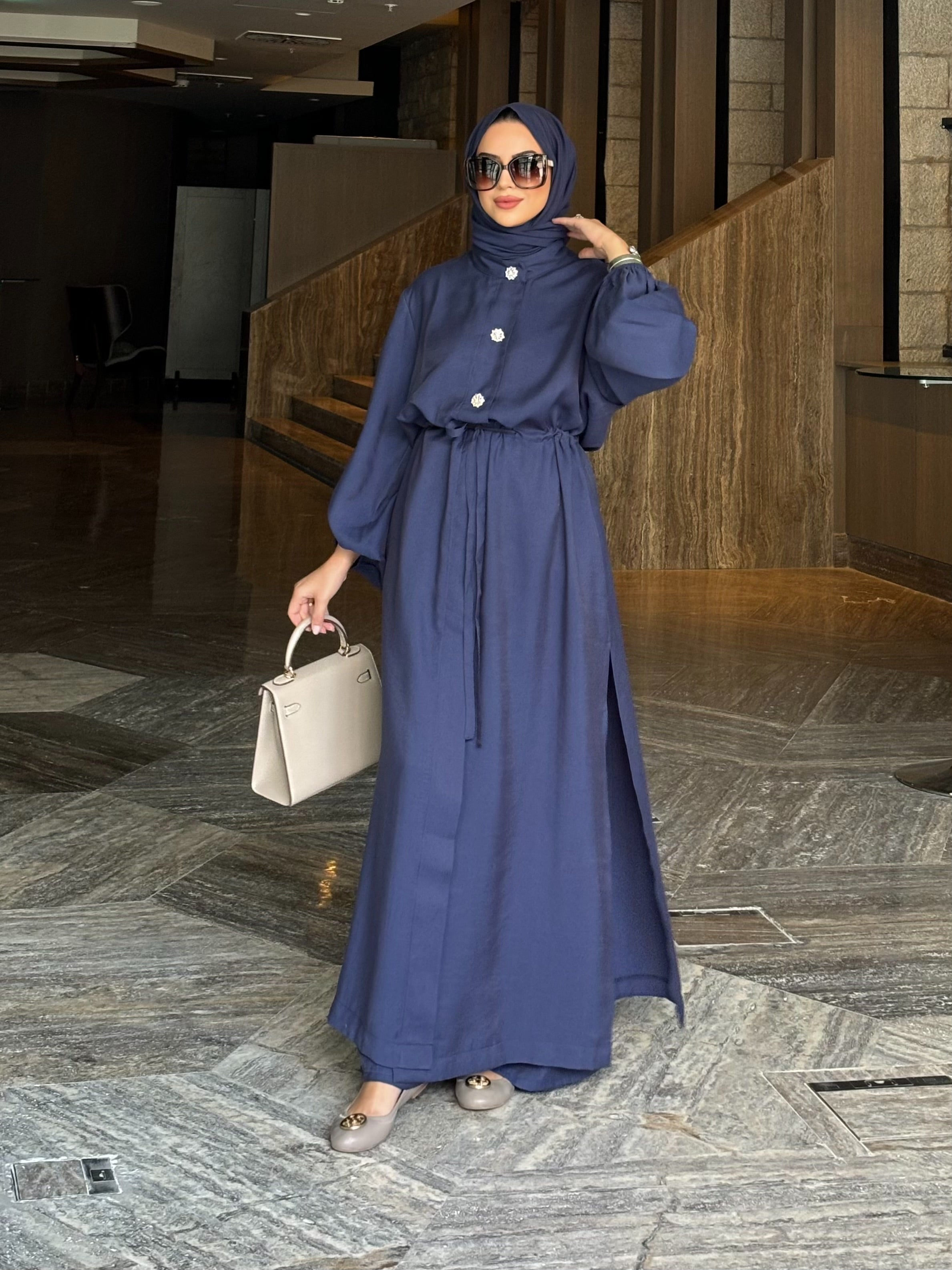 Kristal düğmeli tunik & pantolon takım lacivert