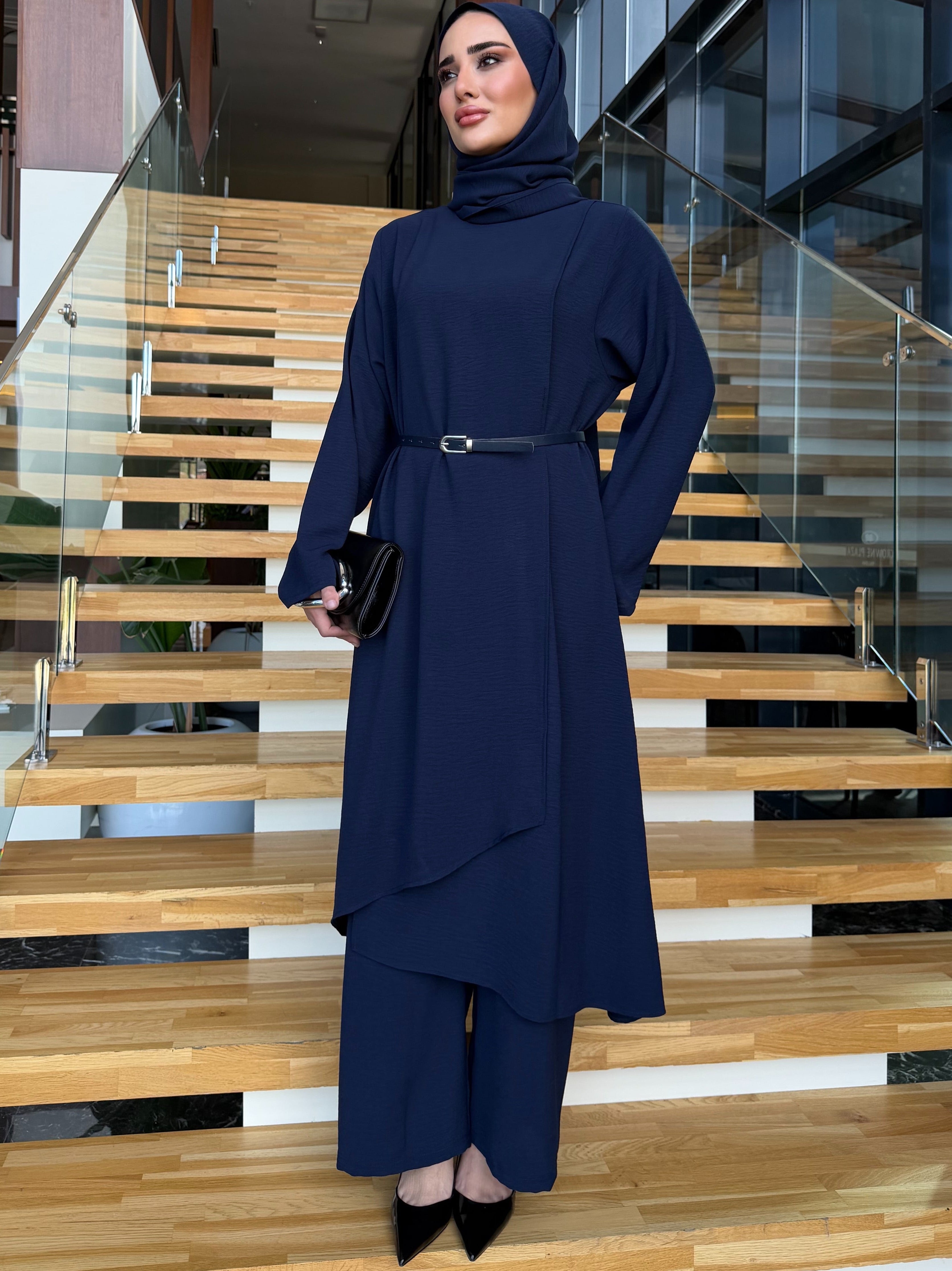 Vera asimetrik kesim katlı tunik & pantolon lacivert