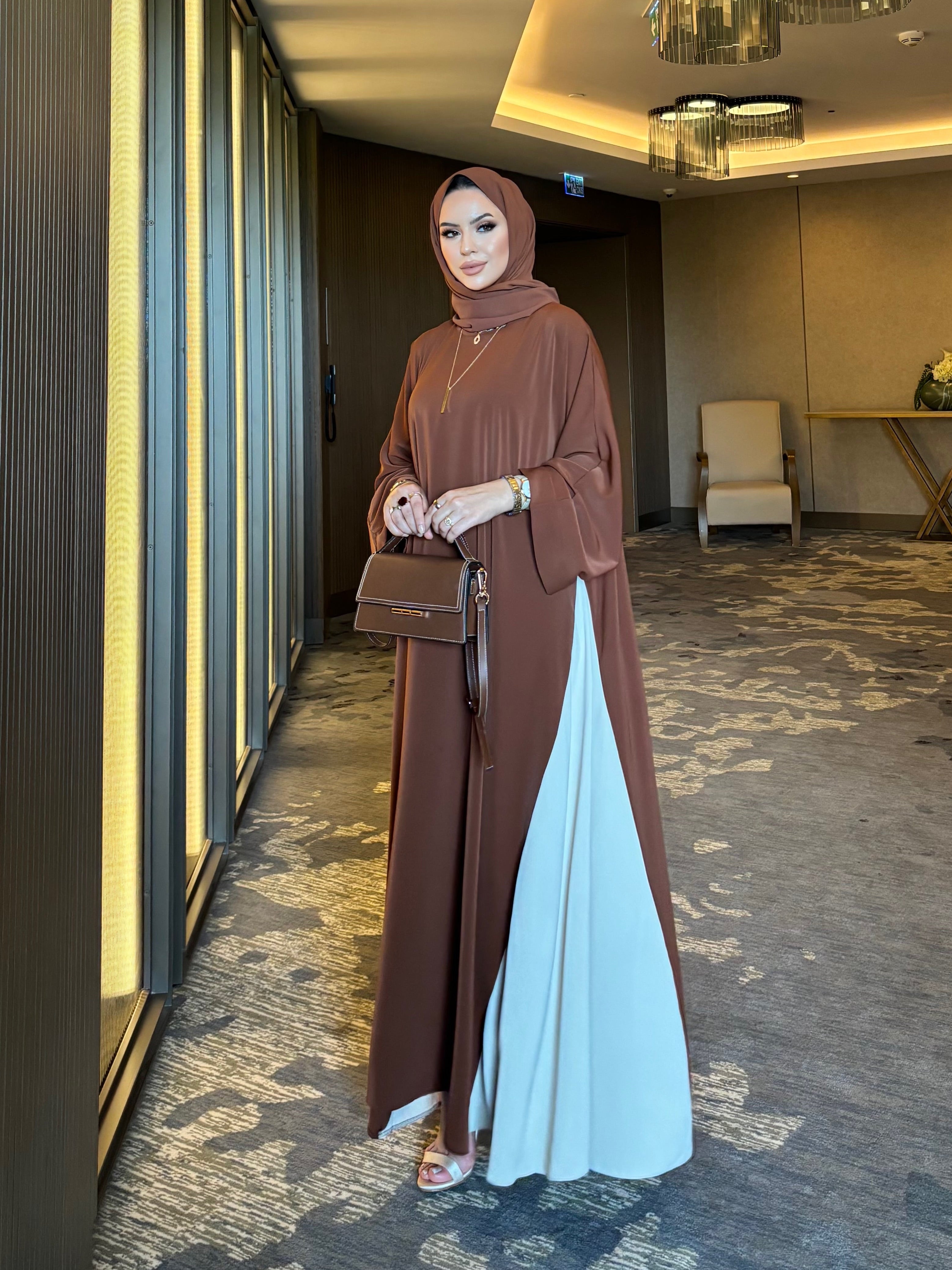 Dubai çift renk abaya & şal takım kahve