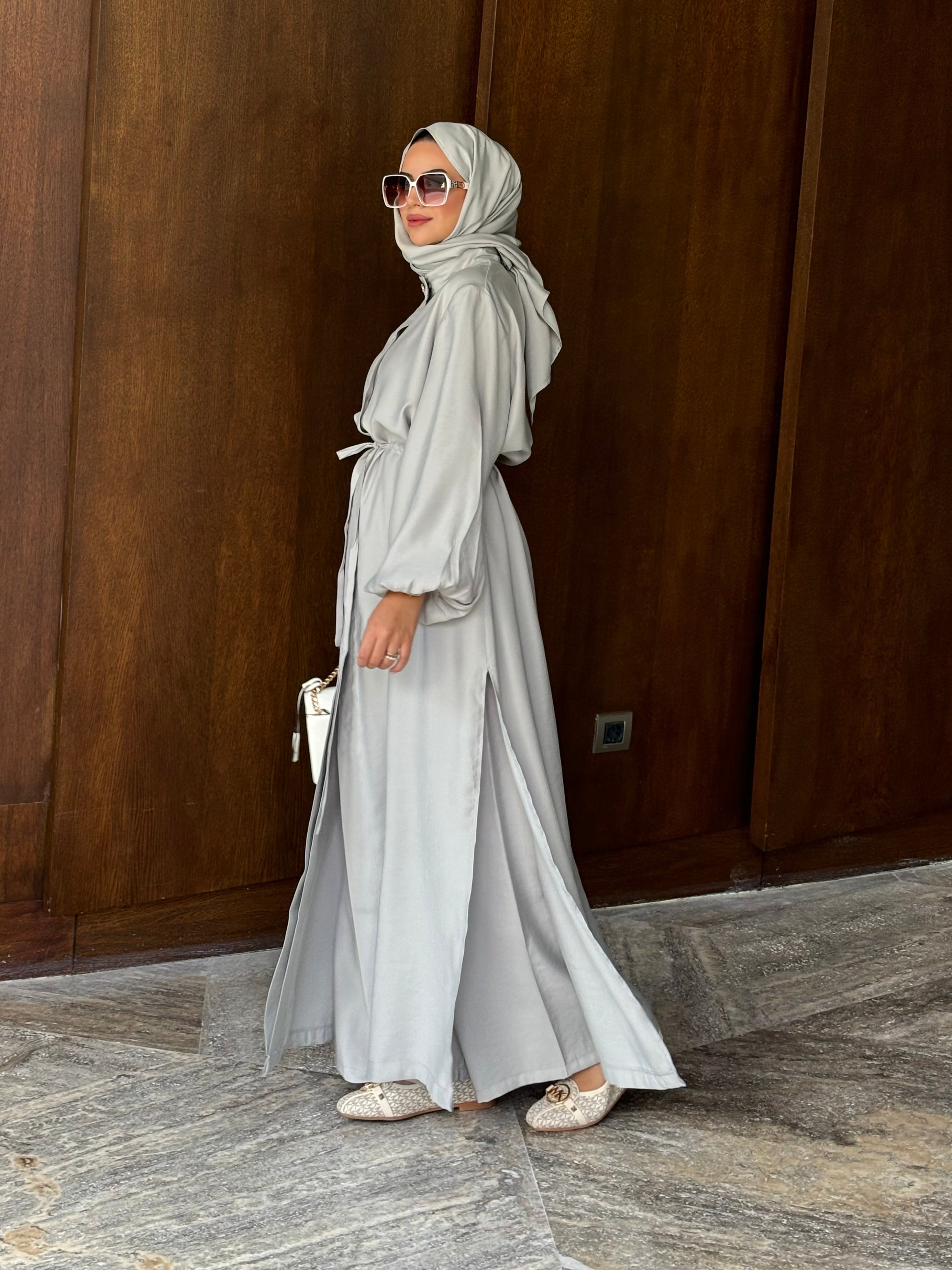 Kristal düğmeli tunik & pantolon takım açık gri