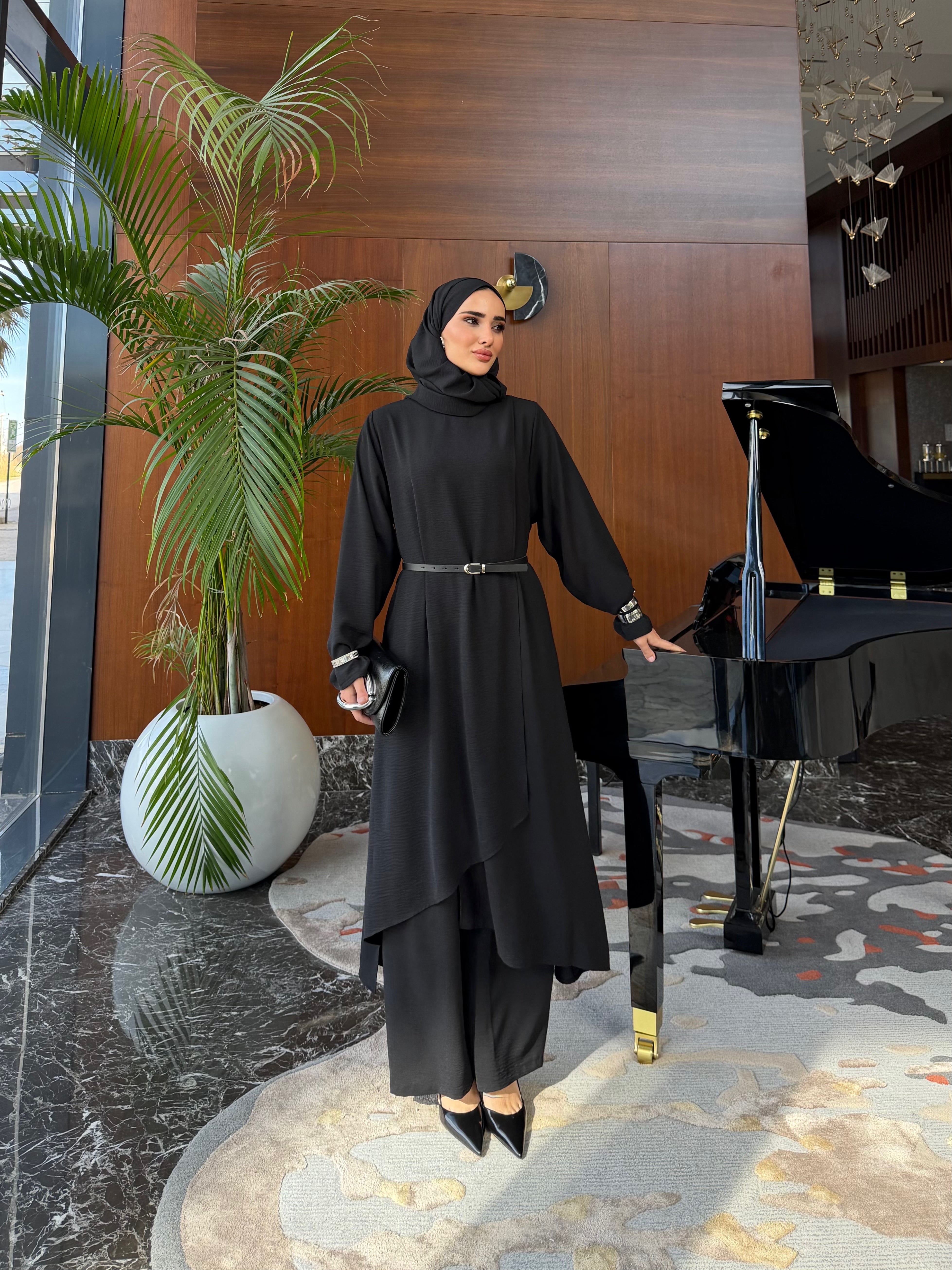 Vera asimetrik kesim katlı tunik & pantolon siyah