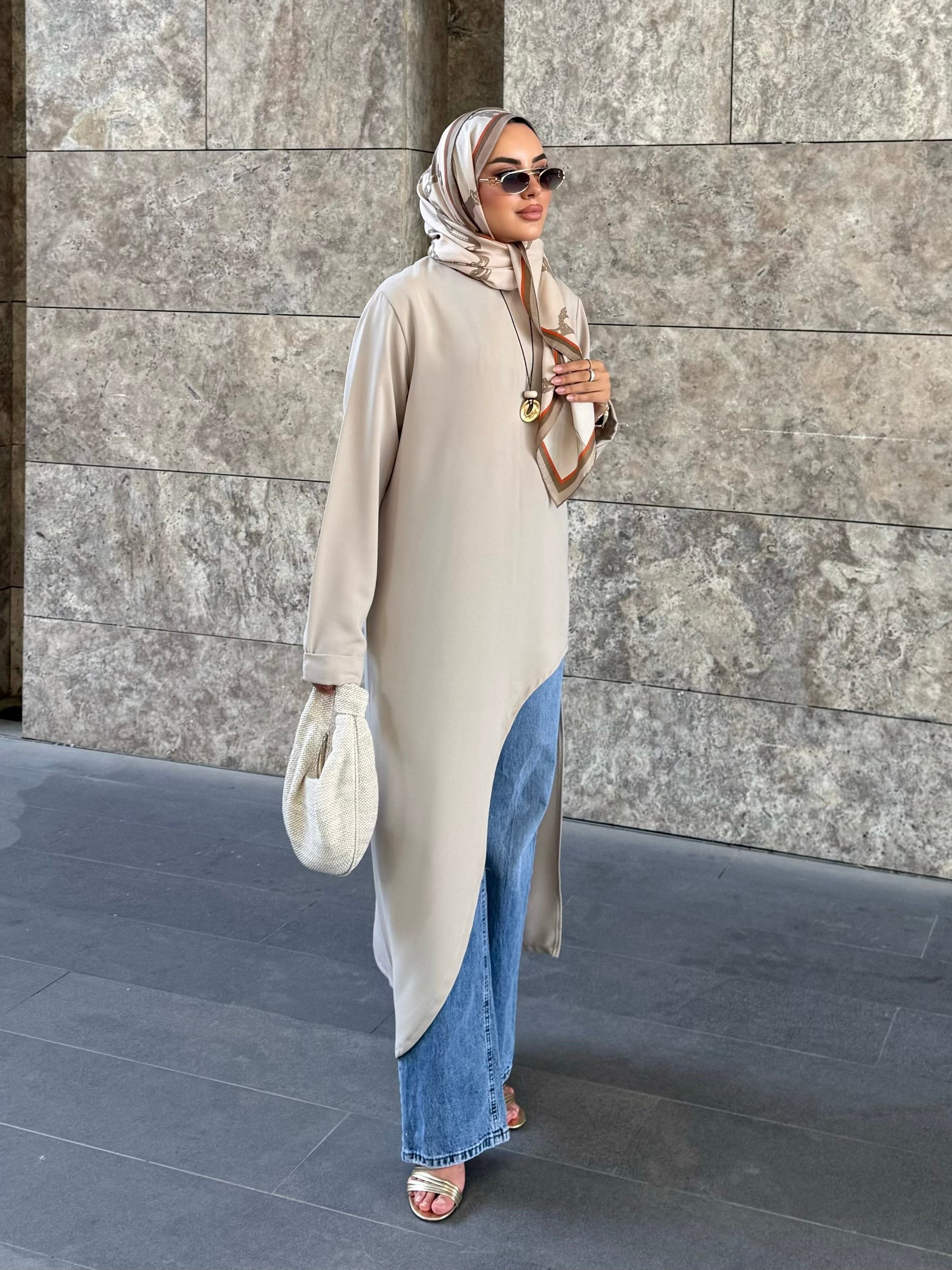 Alina asimetrik kuşaklı tunik Bej