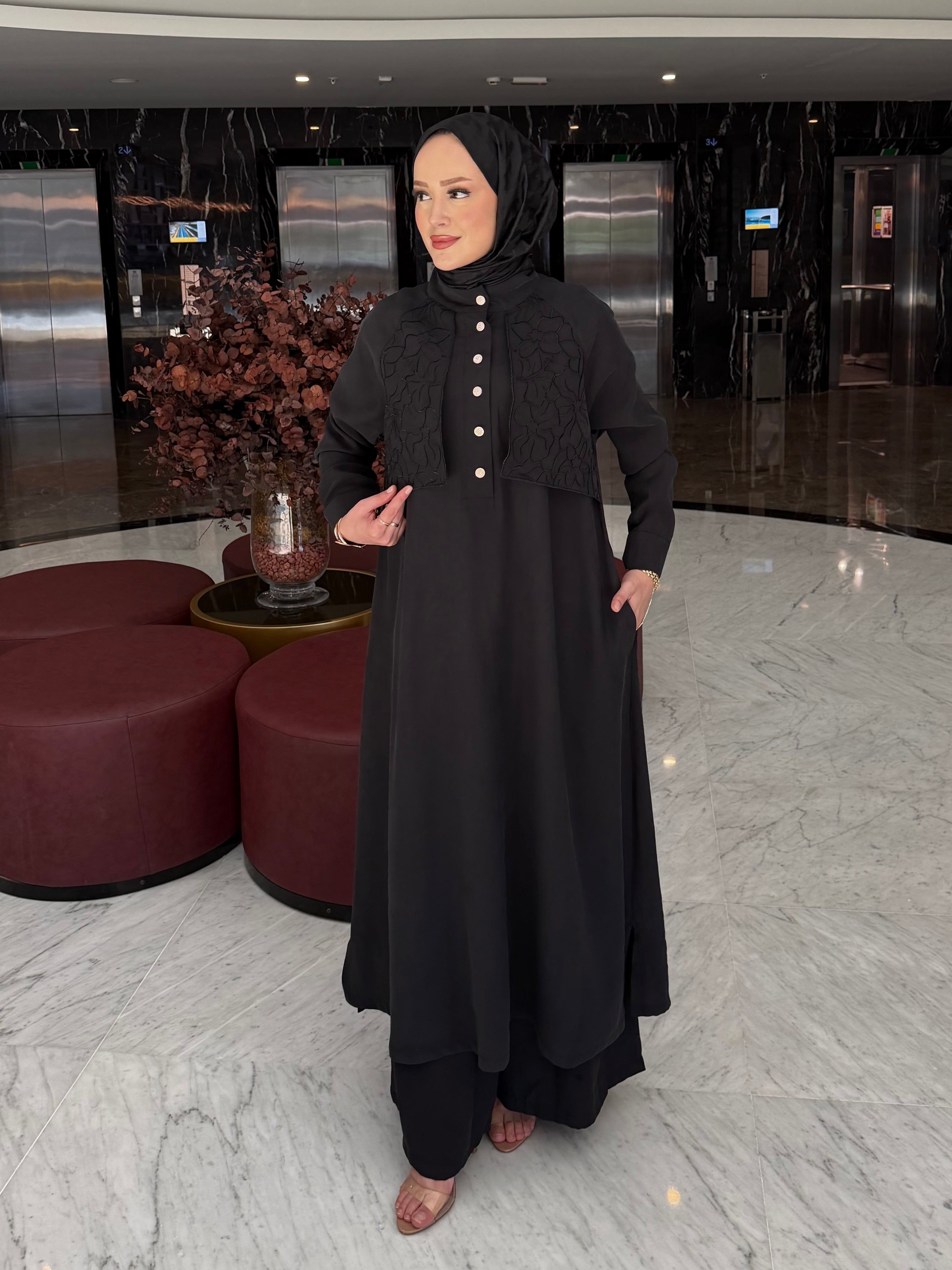 Sahra nakış detaylı tunik & pantolon takım siyah