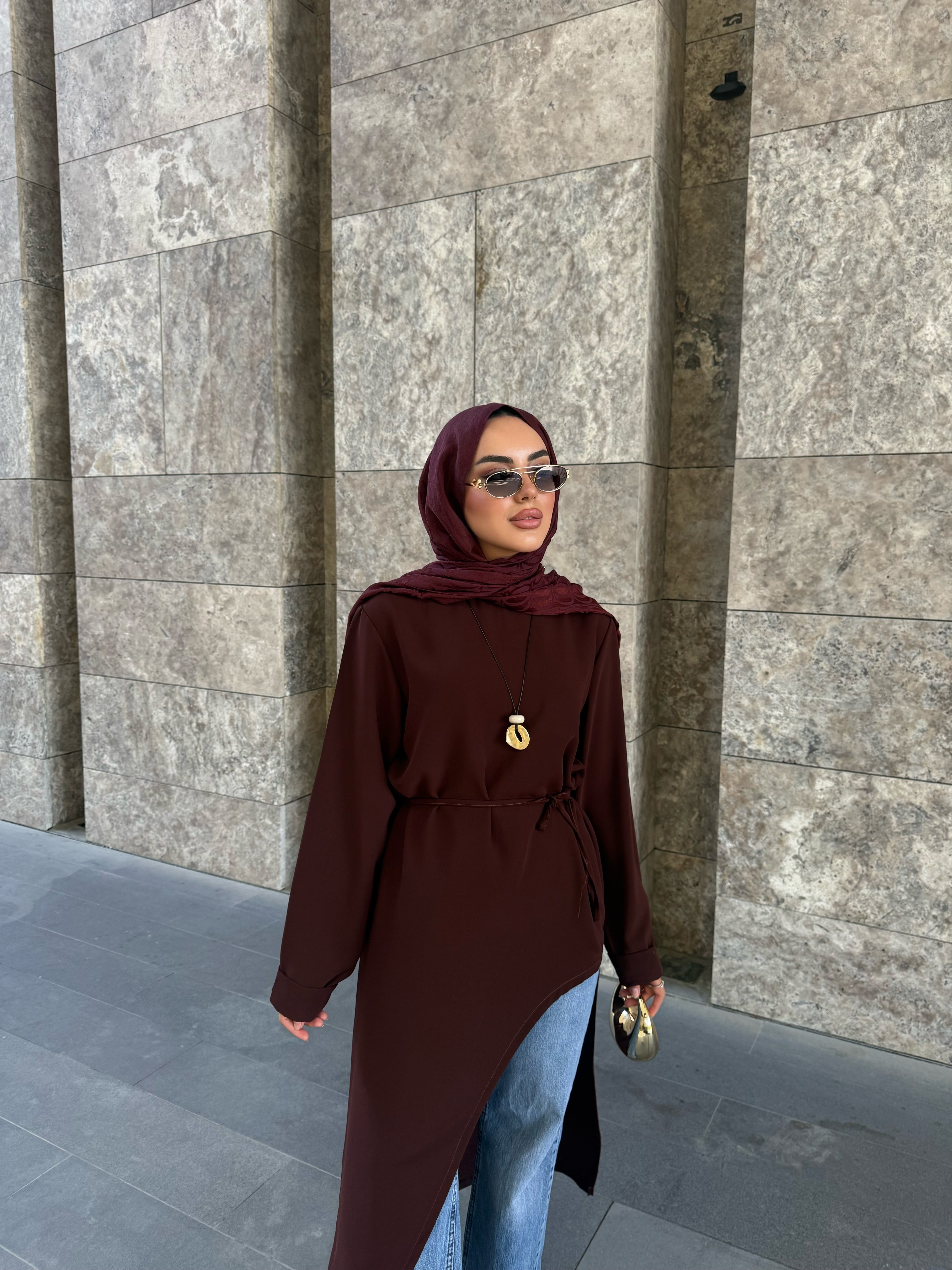 Alina asimetrik kuşaklı tunik Kahverengi