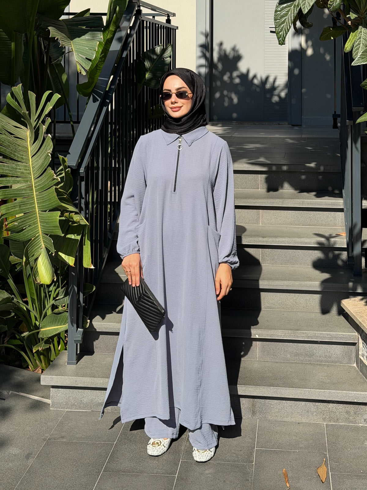 Soft fermuarlı tunik & pantolon takım Antrasit gri