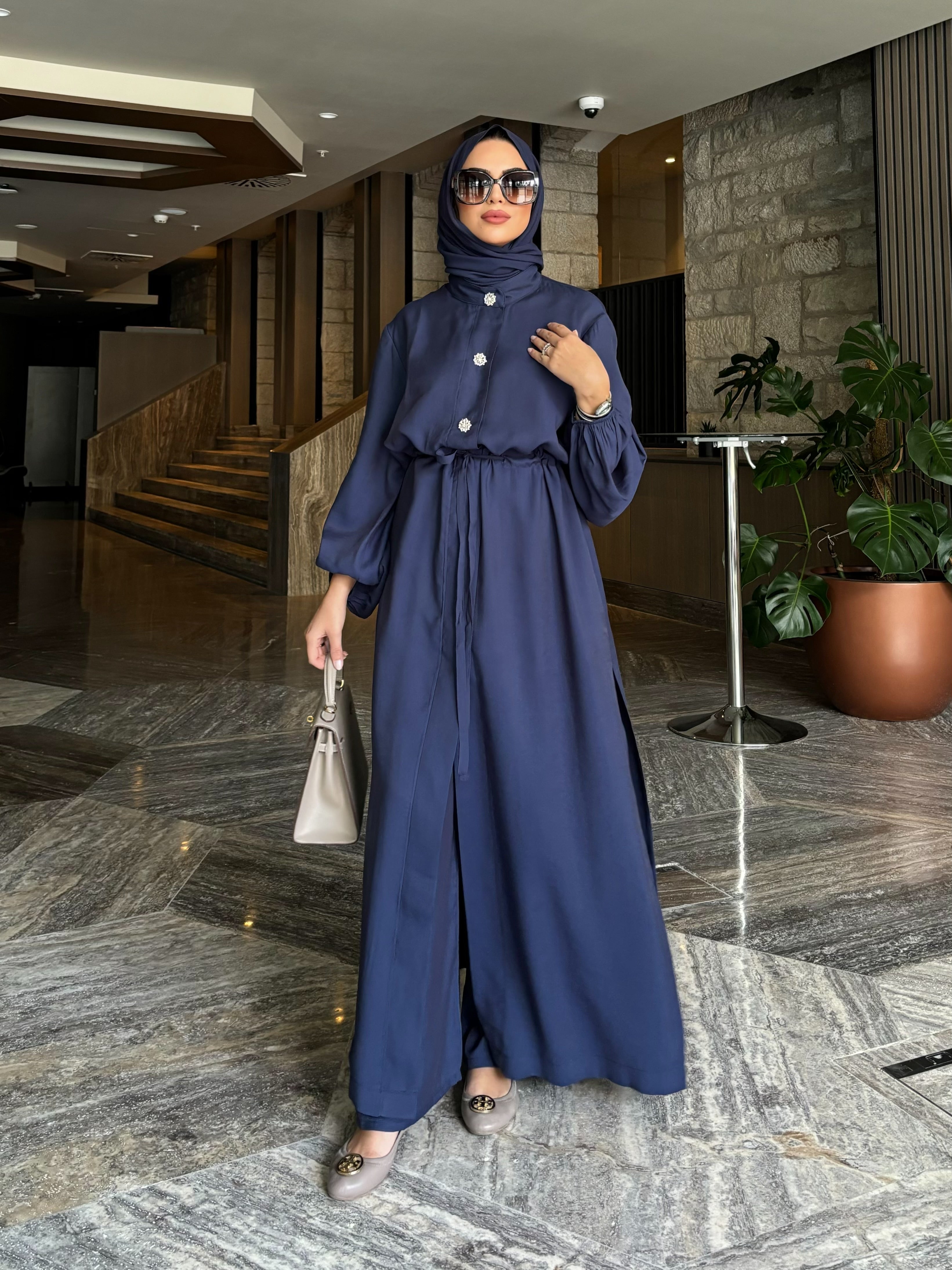 Kristal düğmeli tunik & pantolon takım lacivert