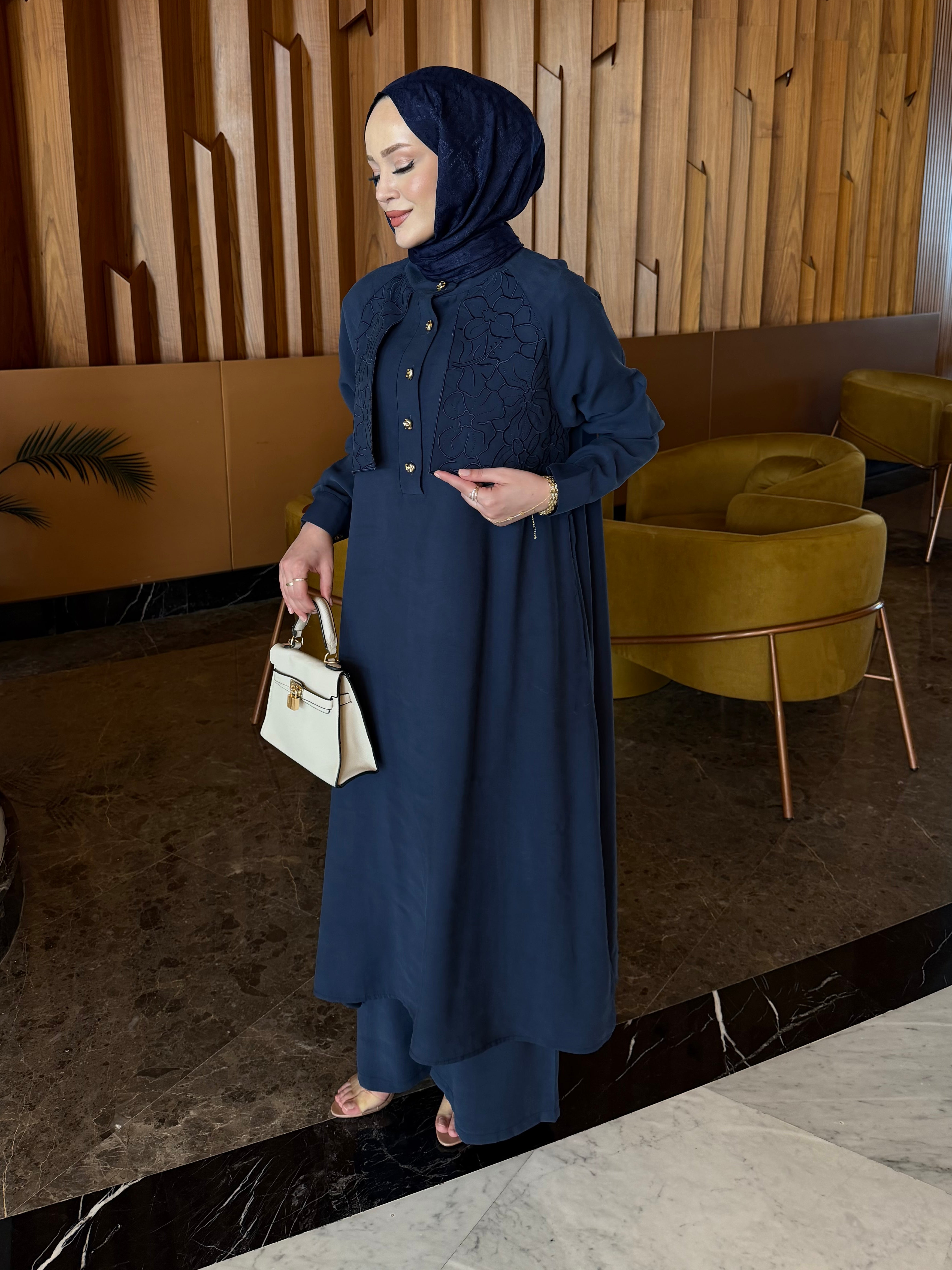 Sahra nakış detaylı tunik & pantolon takım lacivert