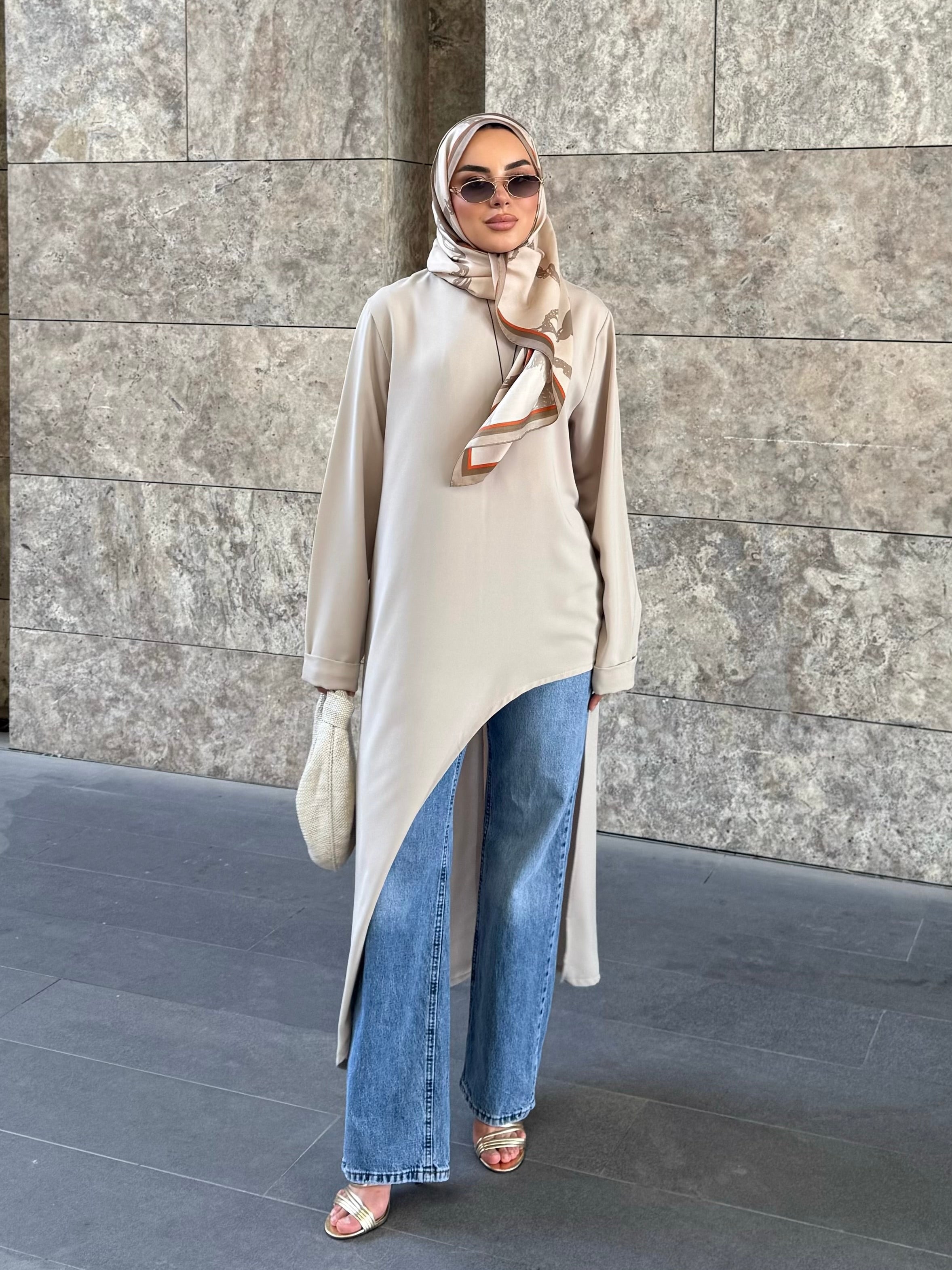 Alina asimetrik kuşaklı tunik Bej