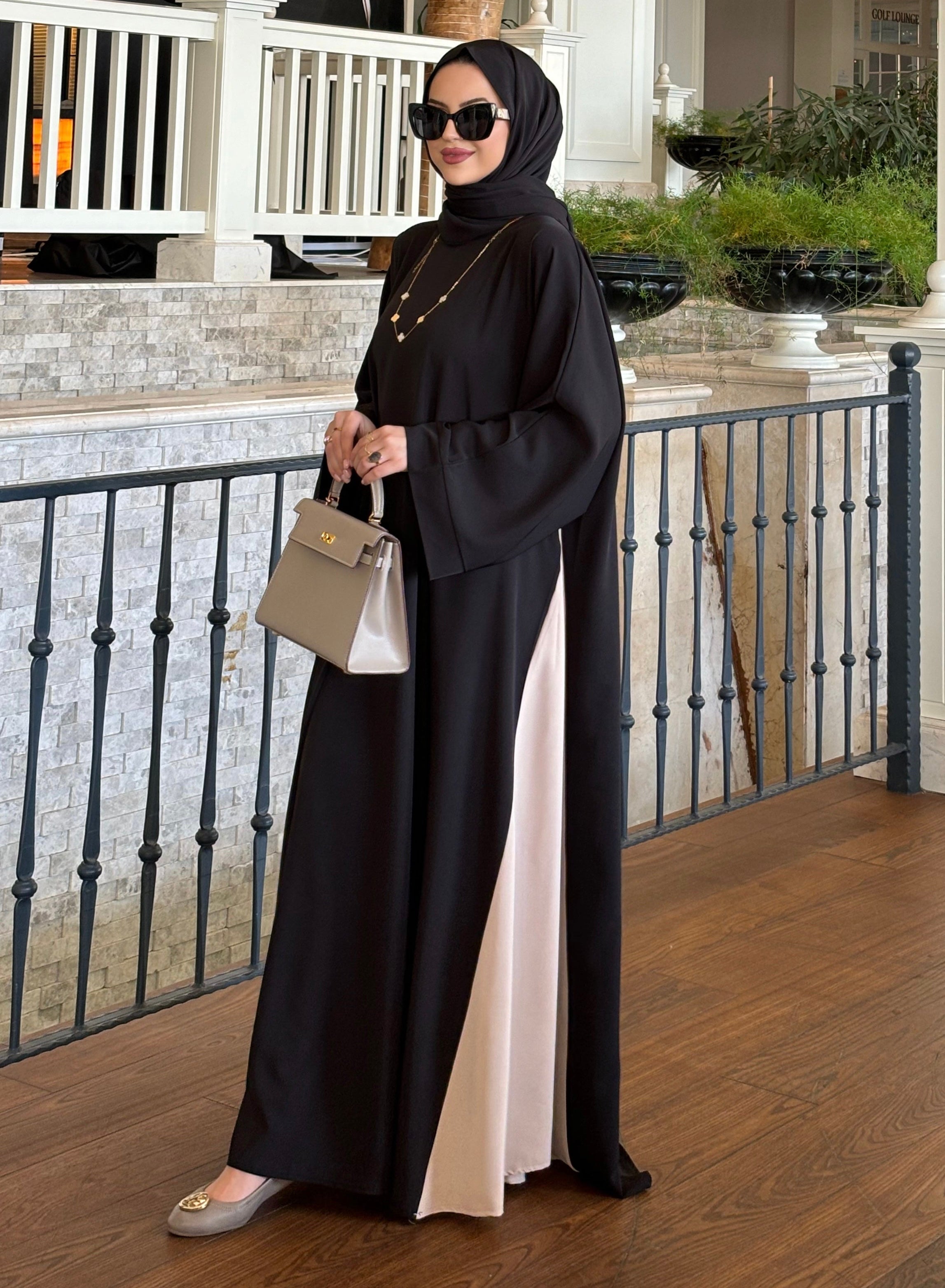 Dubai çift renk abaya & şal takım siyah