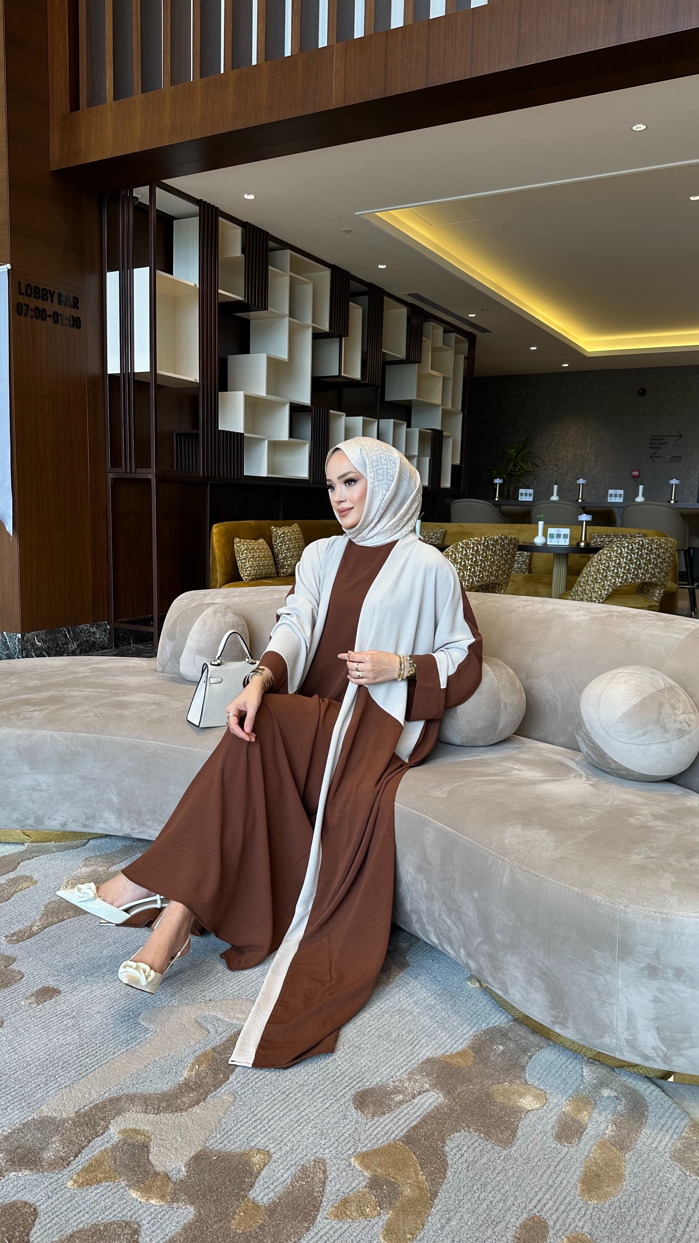 Ahel çift renk abaya & iç elbise takım kahverengi