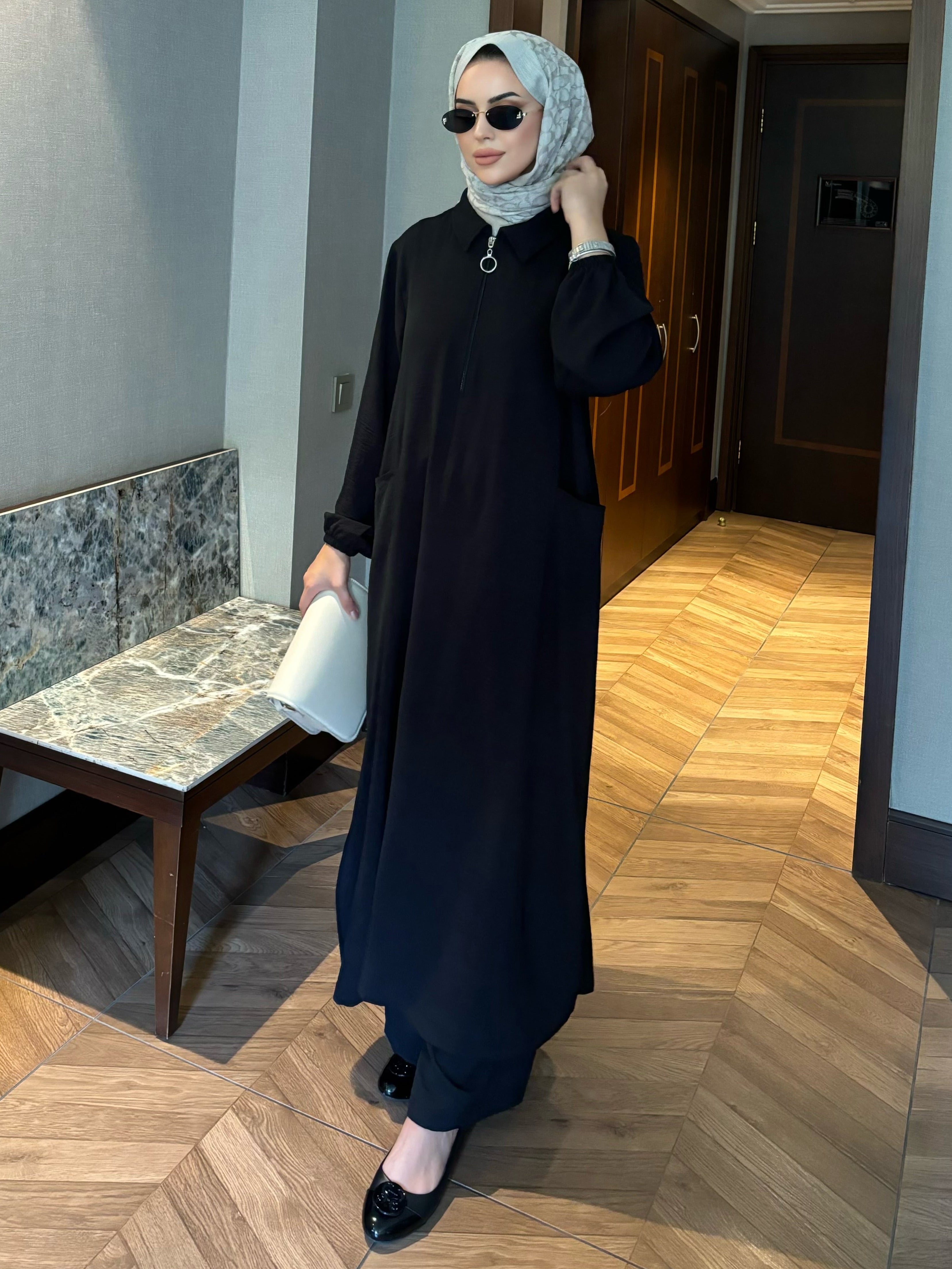 Soft fermuarlı tunik & pantolon takım siyah