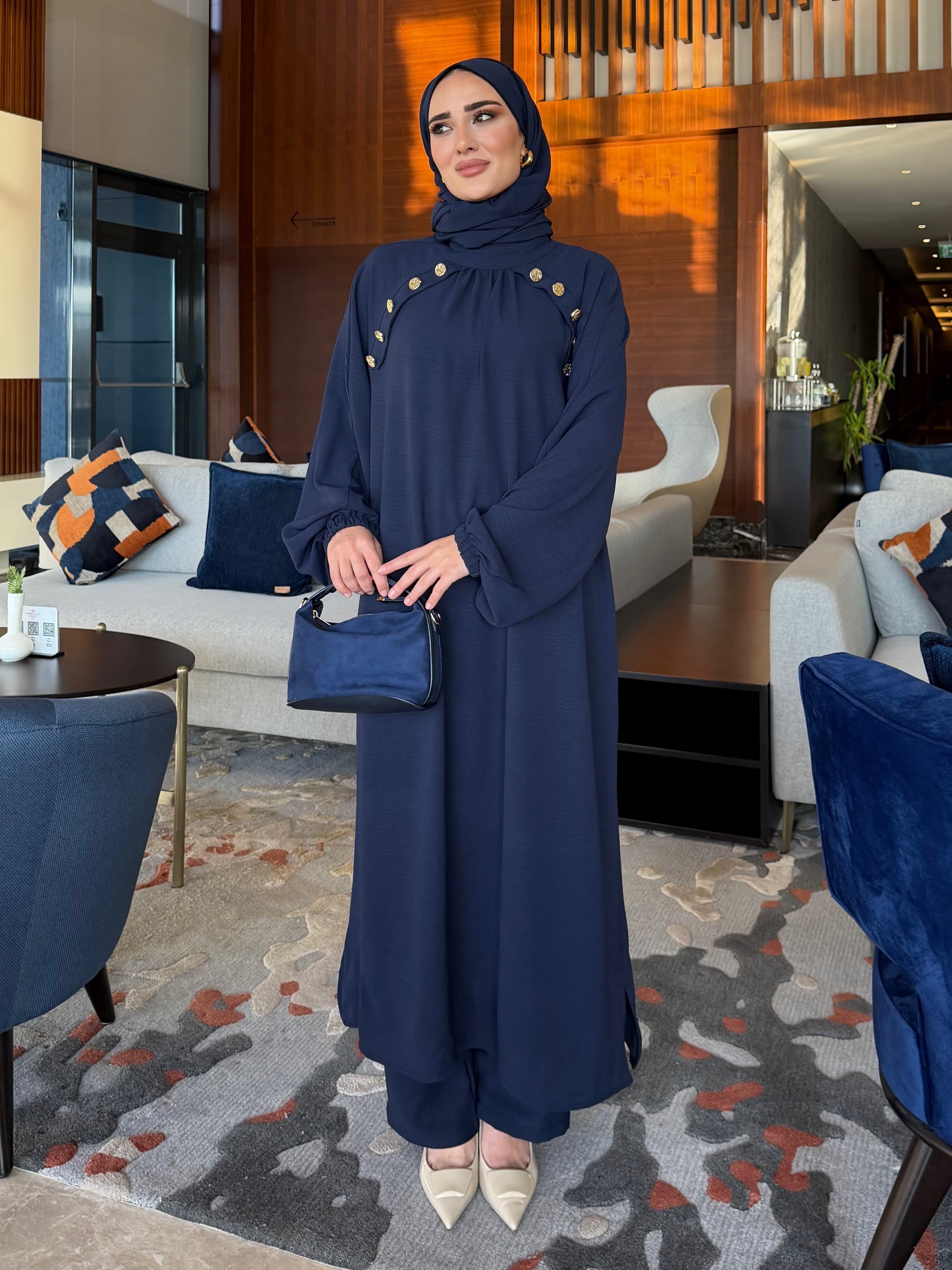 Lavin gold detay düğmeli tunik & pantolon lacivert