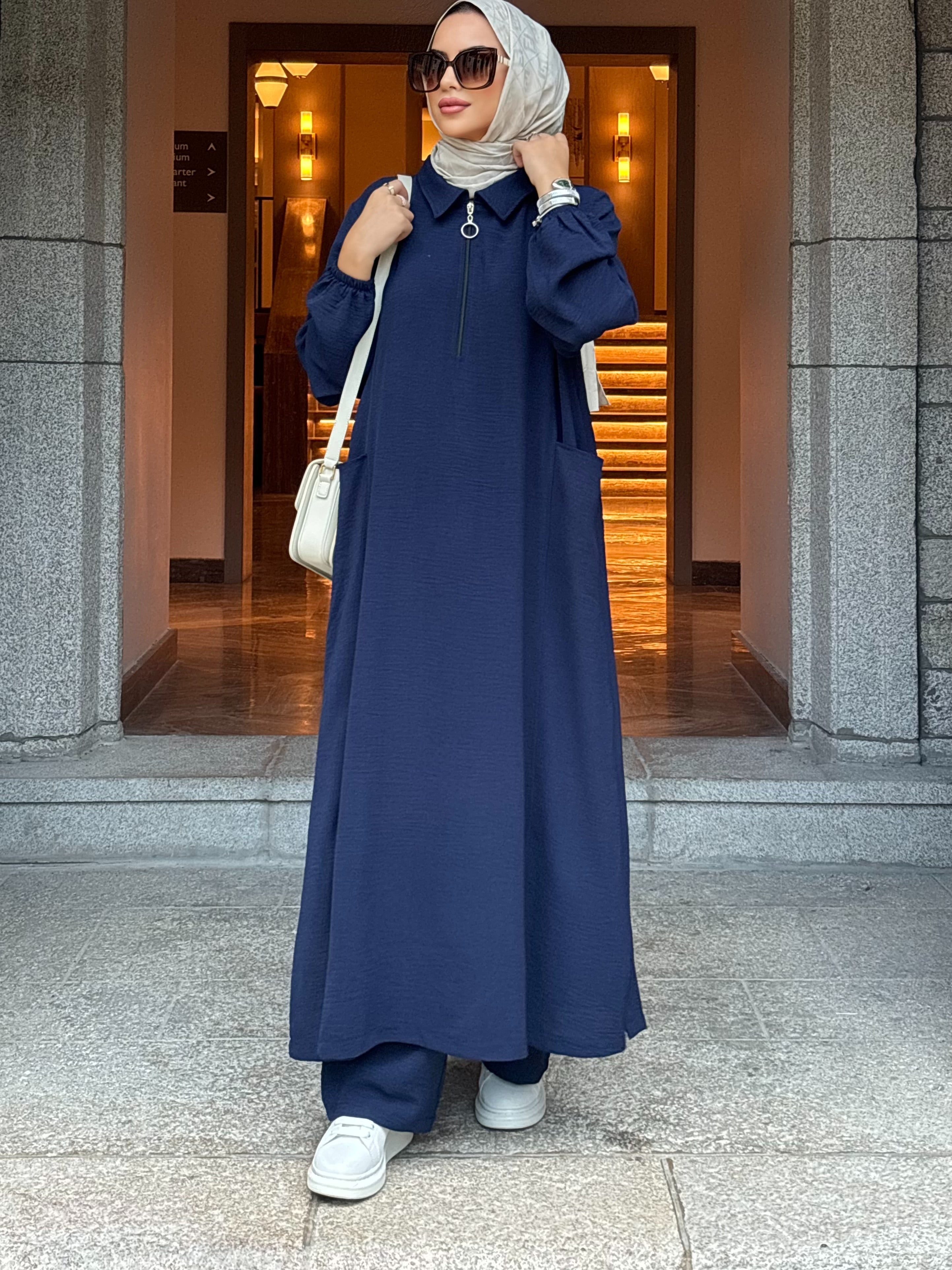 Soft fermuarlı tunik & pantolon takım lacivert