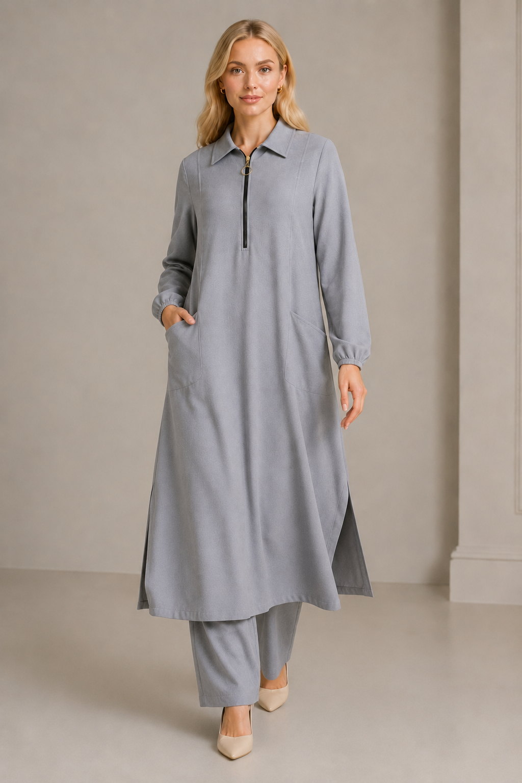 Soft fermuarlı tunik & pantolon takım Antrasit gri