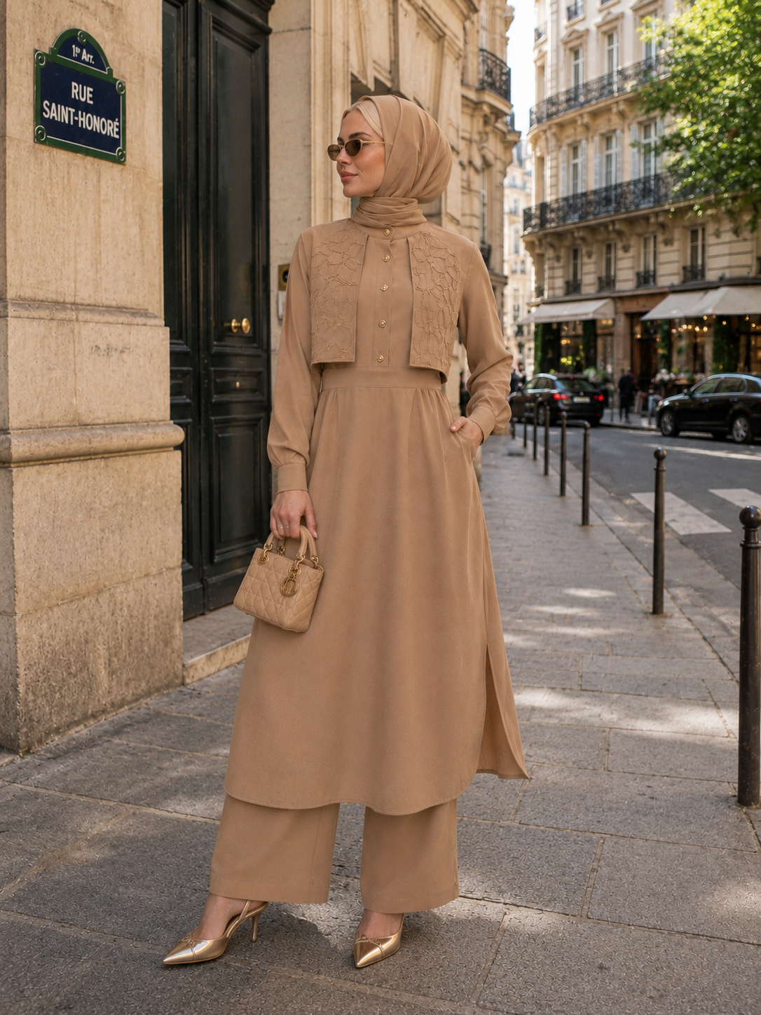 Sahra nakış detaylı tunik & pantolon takım vizon