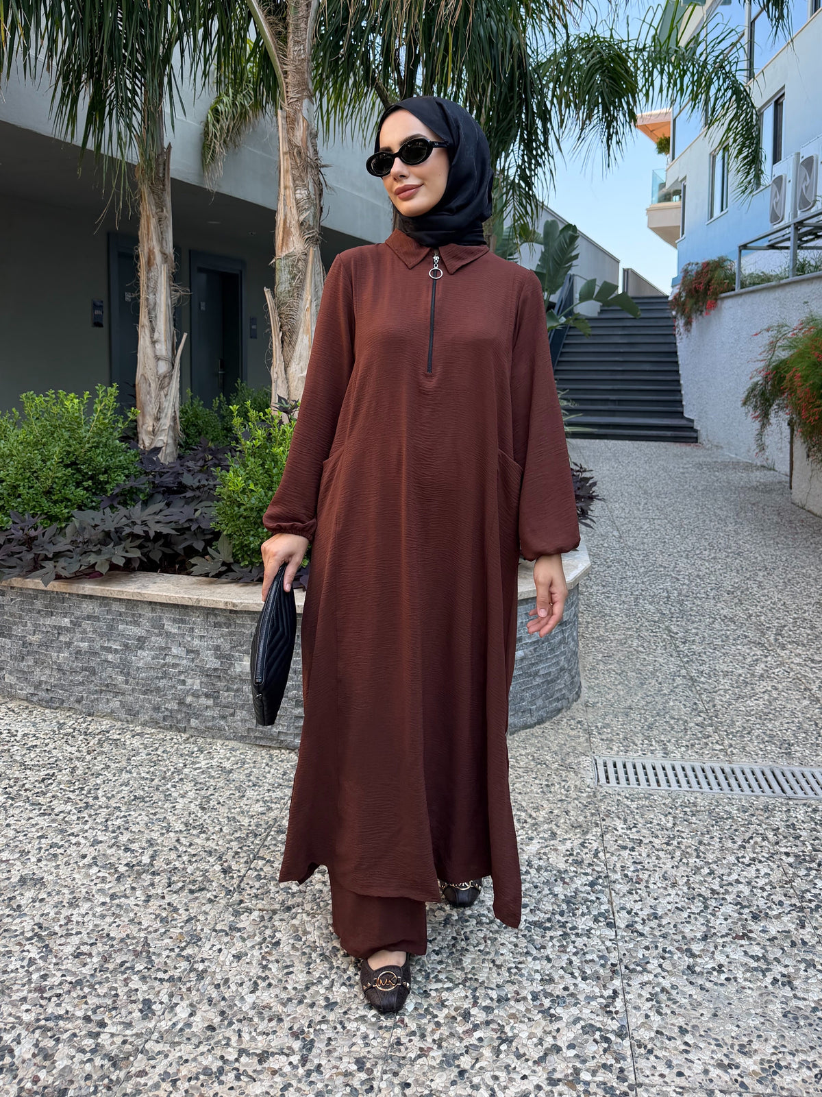 Soft fermuarlı tunik & pantolon takım Kahverengi