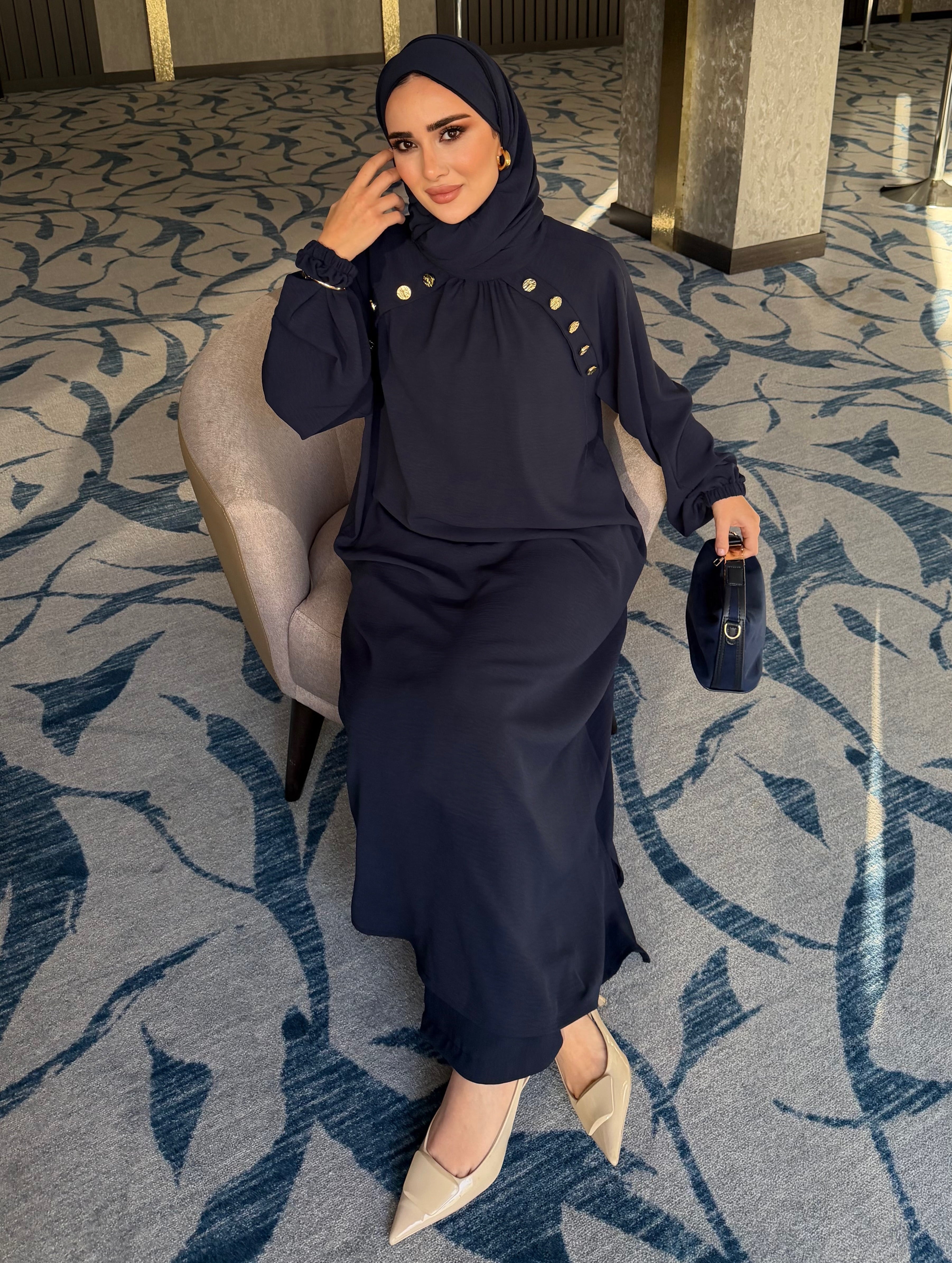 Lavin gold detay düğmeli tunik & pantolon lacivert