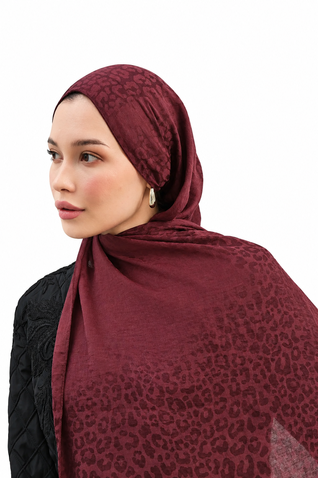 Leopar Desen Pamuk Jakar Şal Bordo