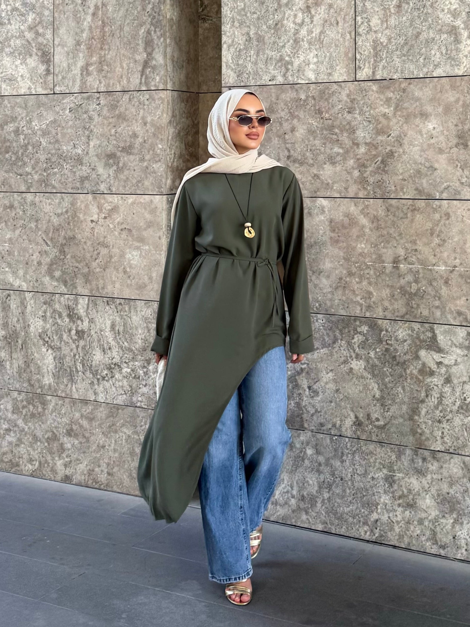 Alina asimetrik kuşaklı tunik haki yeşil
