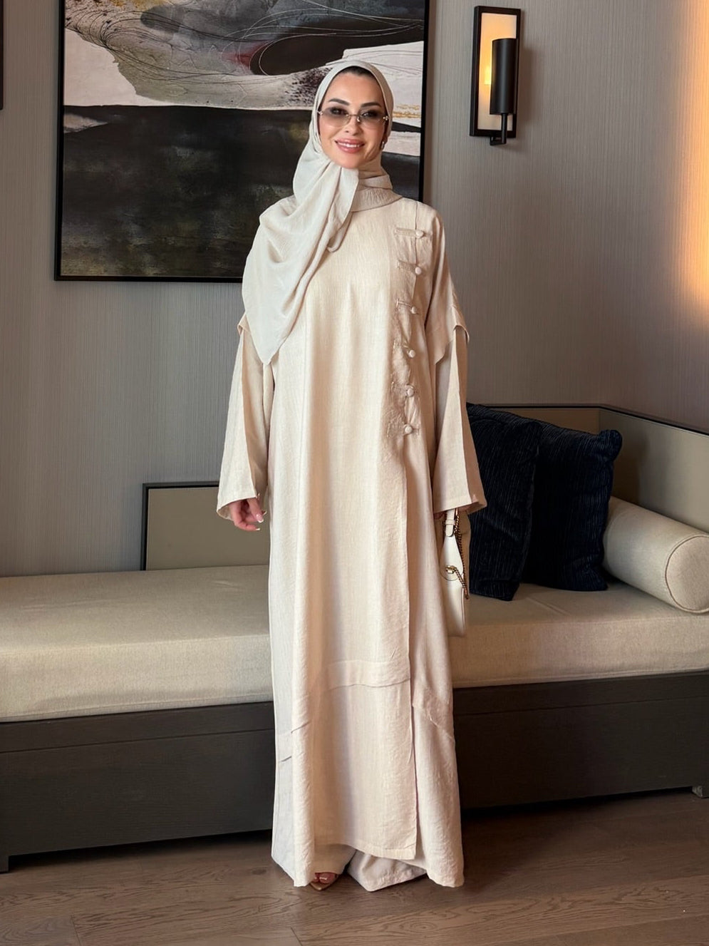 Ahsen abaya & pantolon ikili takım krem