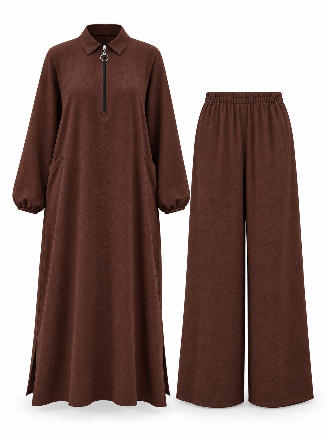 Soft fermuarlı tunik & pantolon takım Kahverengi