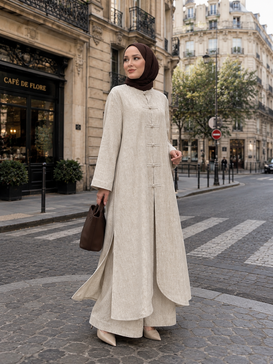 Sakura Çin düğüm kapama tunik & pantolon takım taş rengi