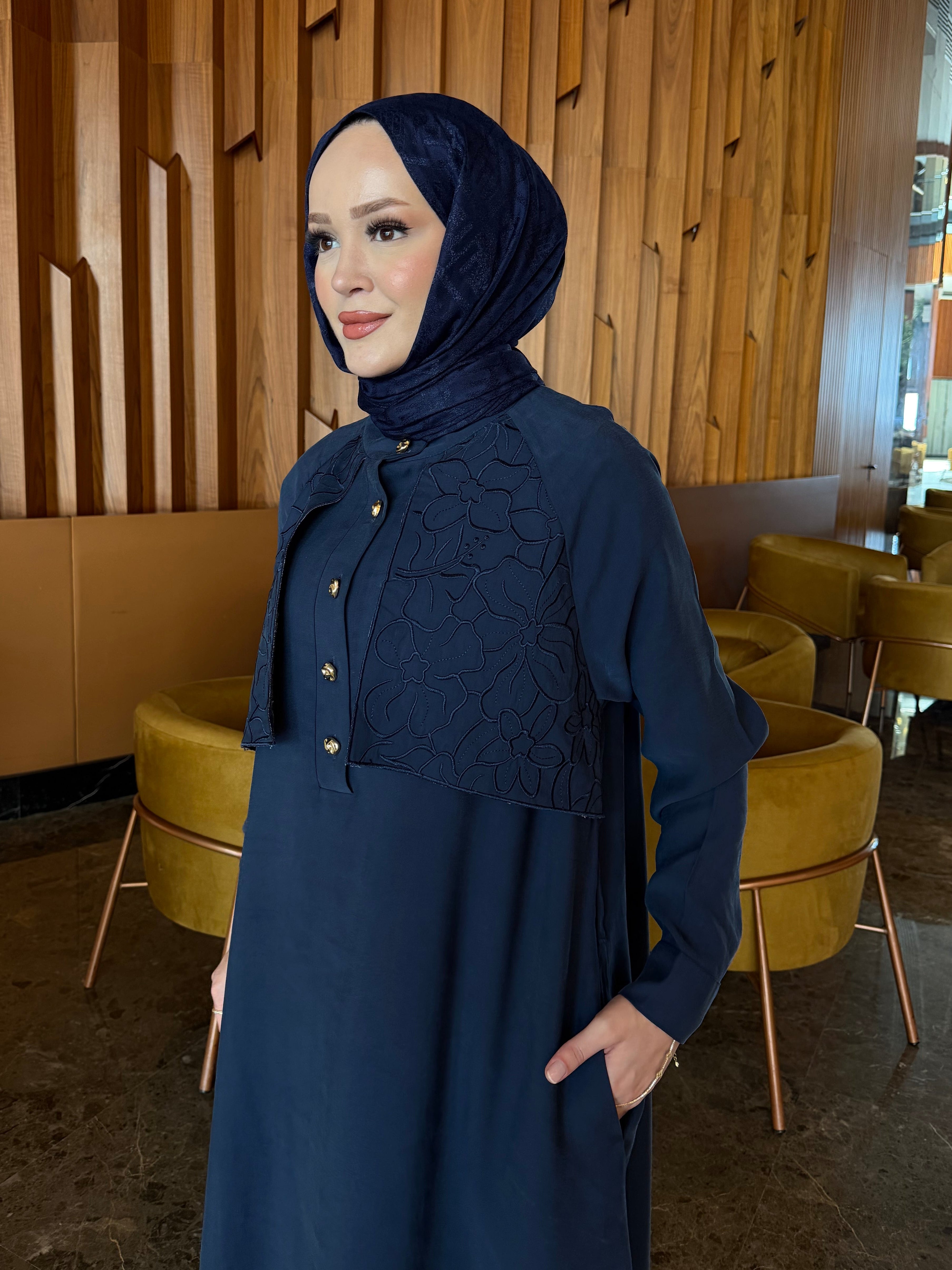 Sahra nakış detaylı tunik & pantolon takım lacivert
