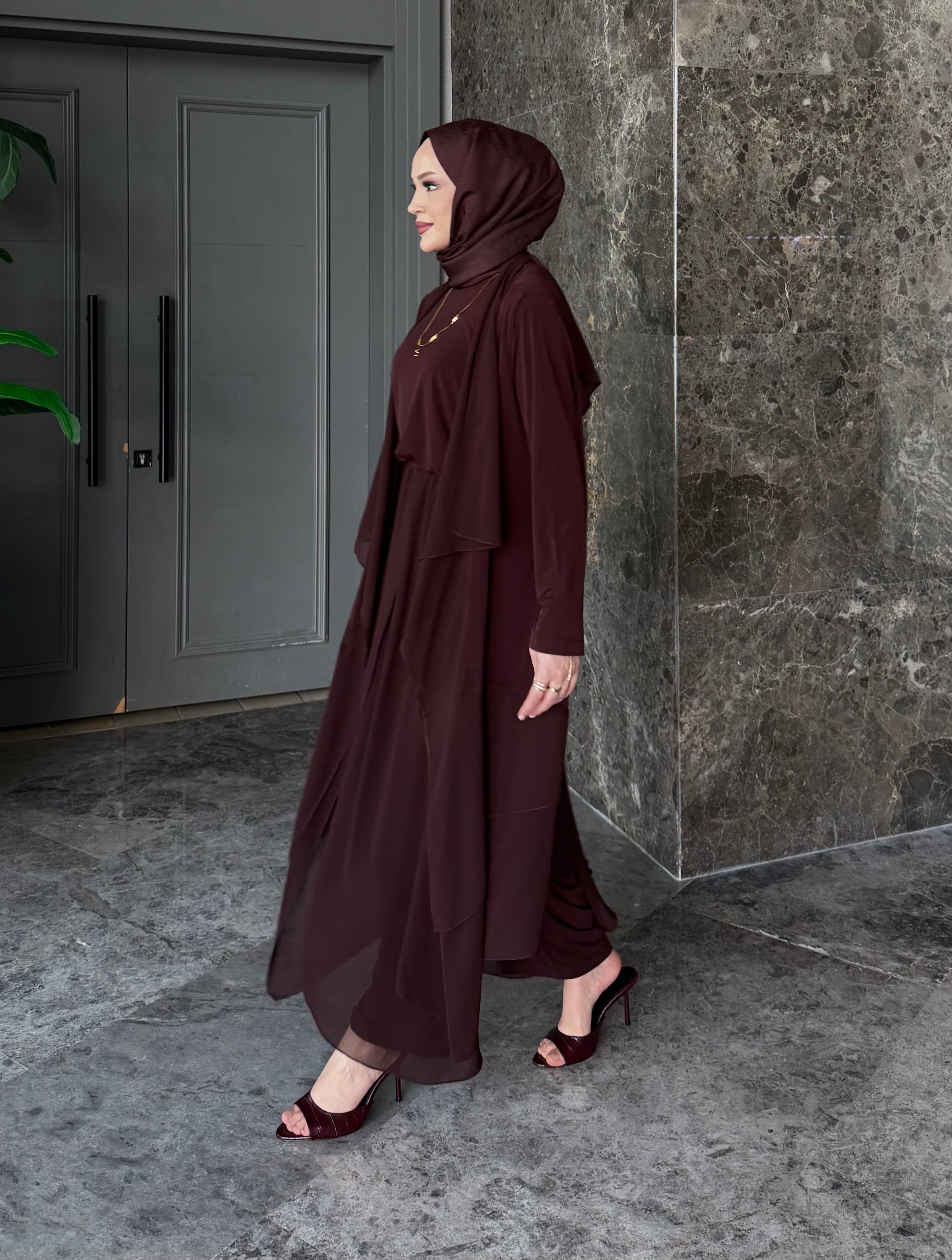 Pera Şifon Detay Pantolon & tunik takım (içlik dahildir ) kahverengi
