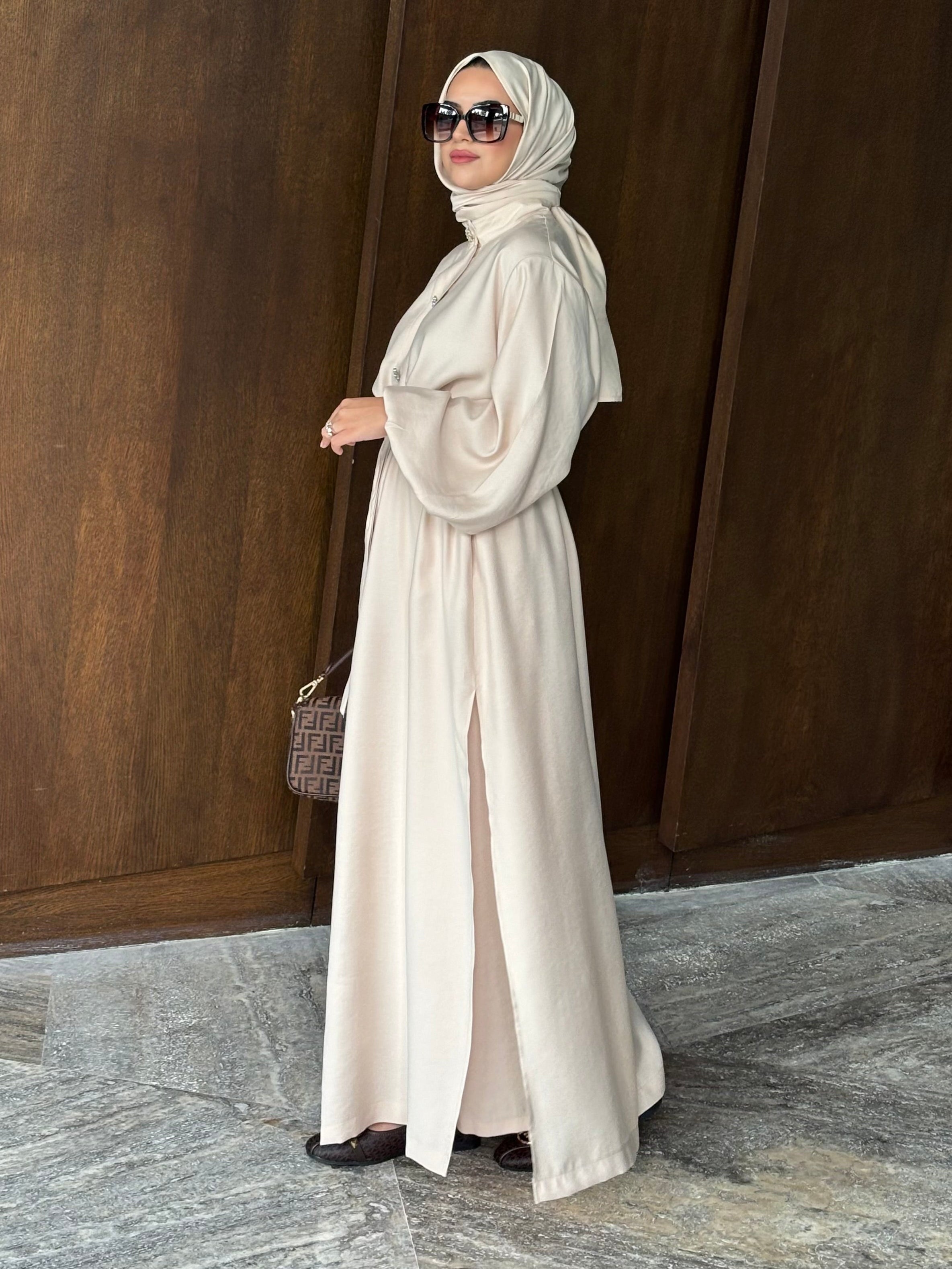 Kristal düğmeli tunik & pantolon takım bej