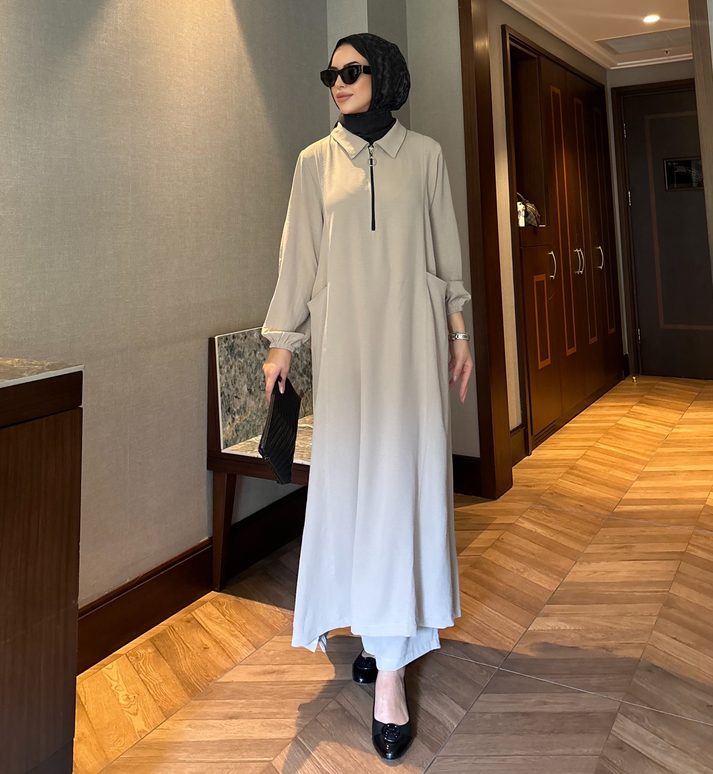 Soft fermuarlı tunik & pantolon takım krem