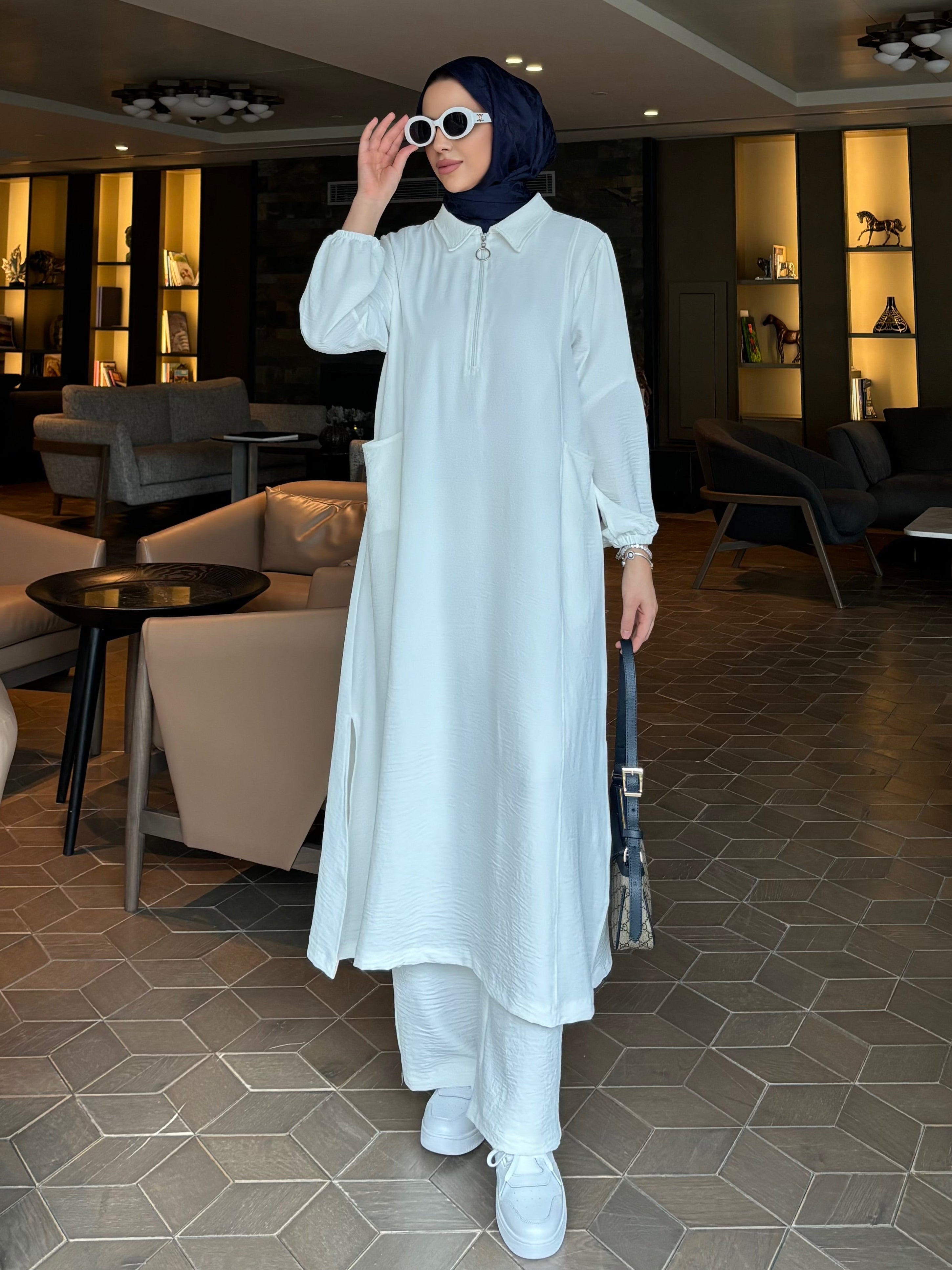 Soft fermuarlı tunik & pantolon takım beyaz