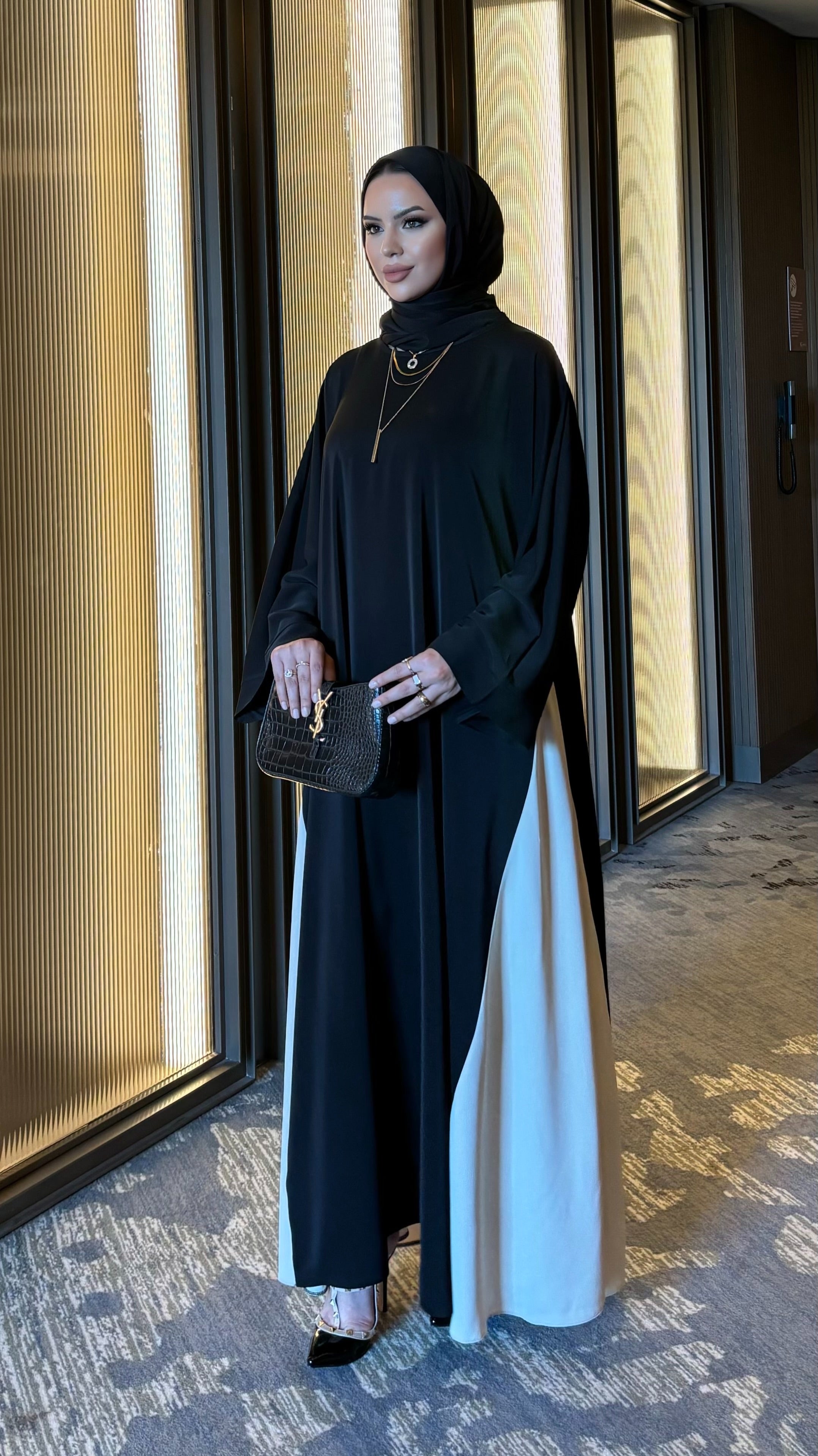Dubai çift renk abaya & şal takım siyah