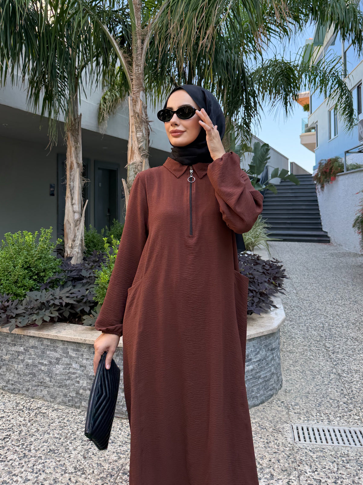 Soft fermuarlı tunik & pantolon takım Kahverengi