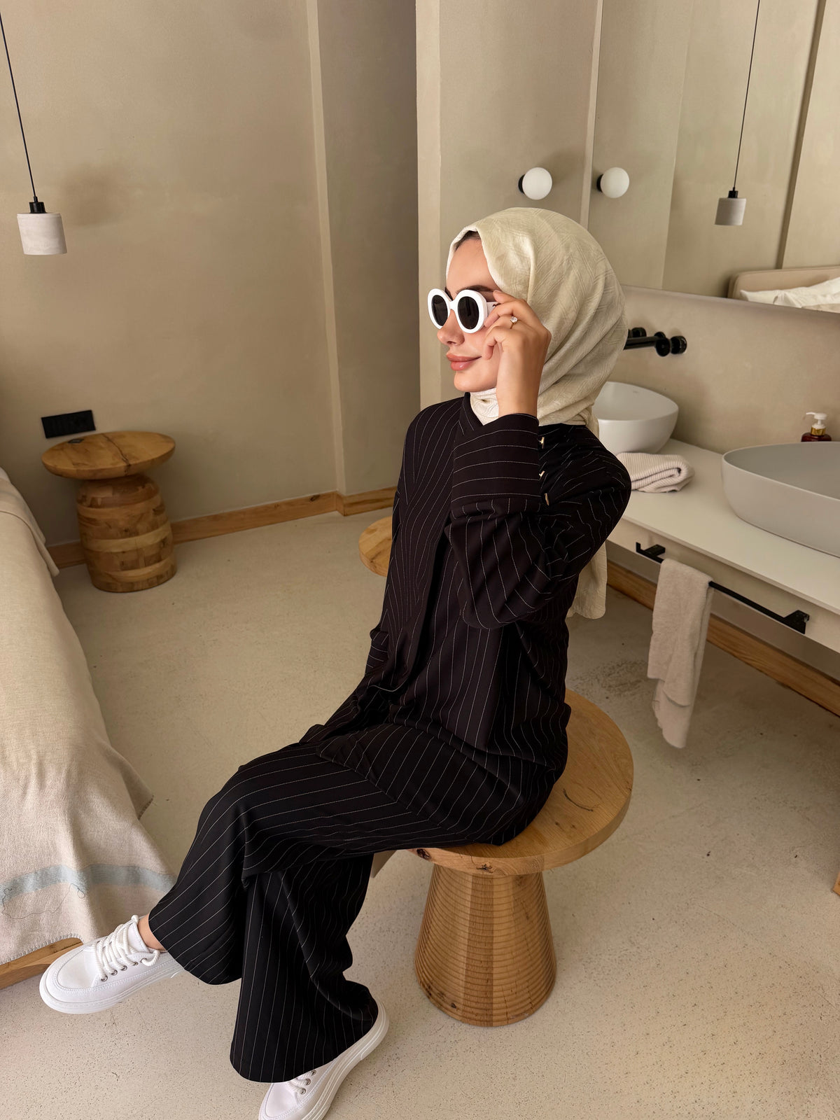 Bella çizgi desen tunik &pantolon takım siyah