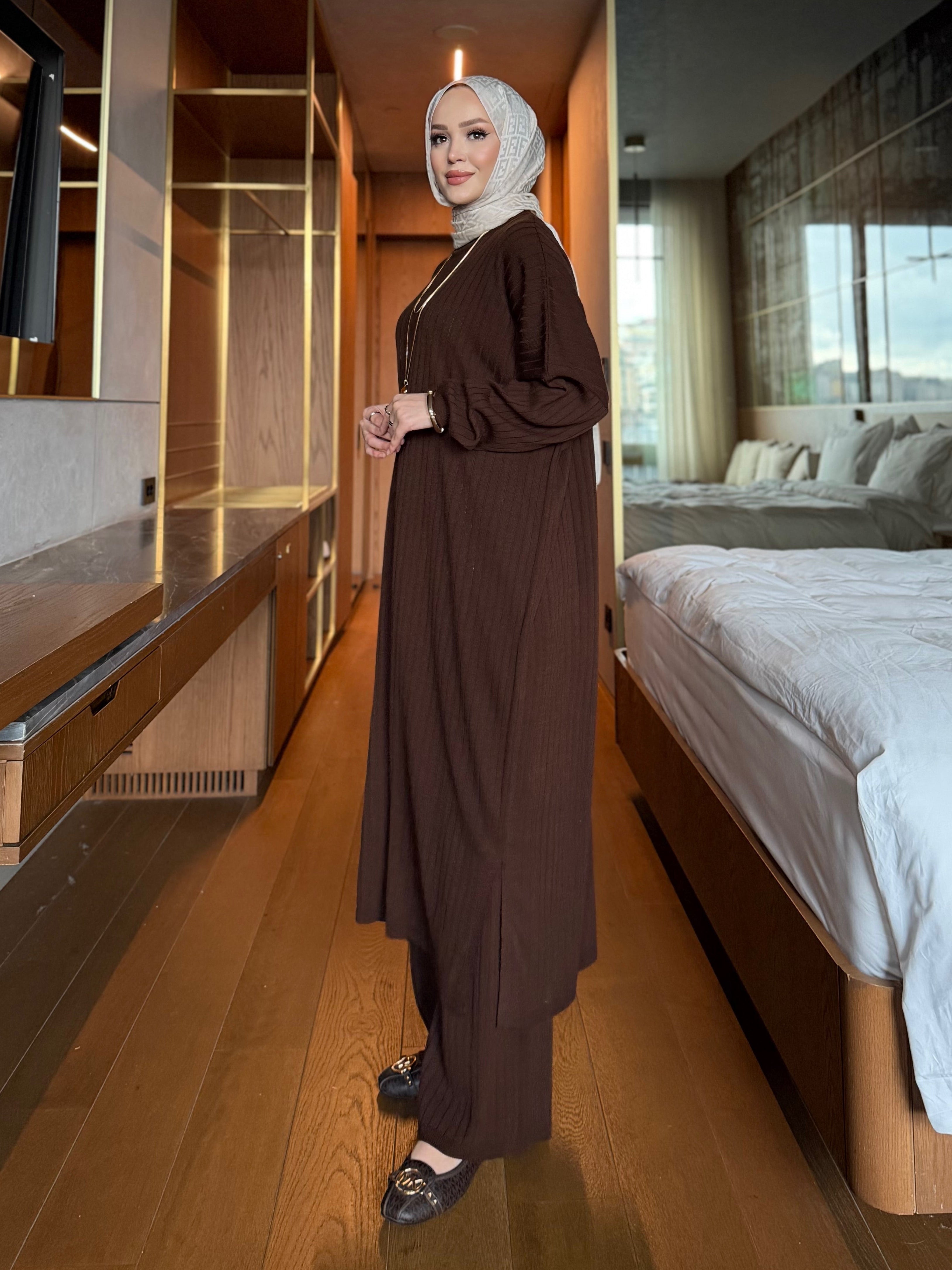 Çizgili triko tunik & pantolon kahverengi