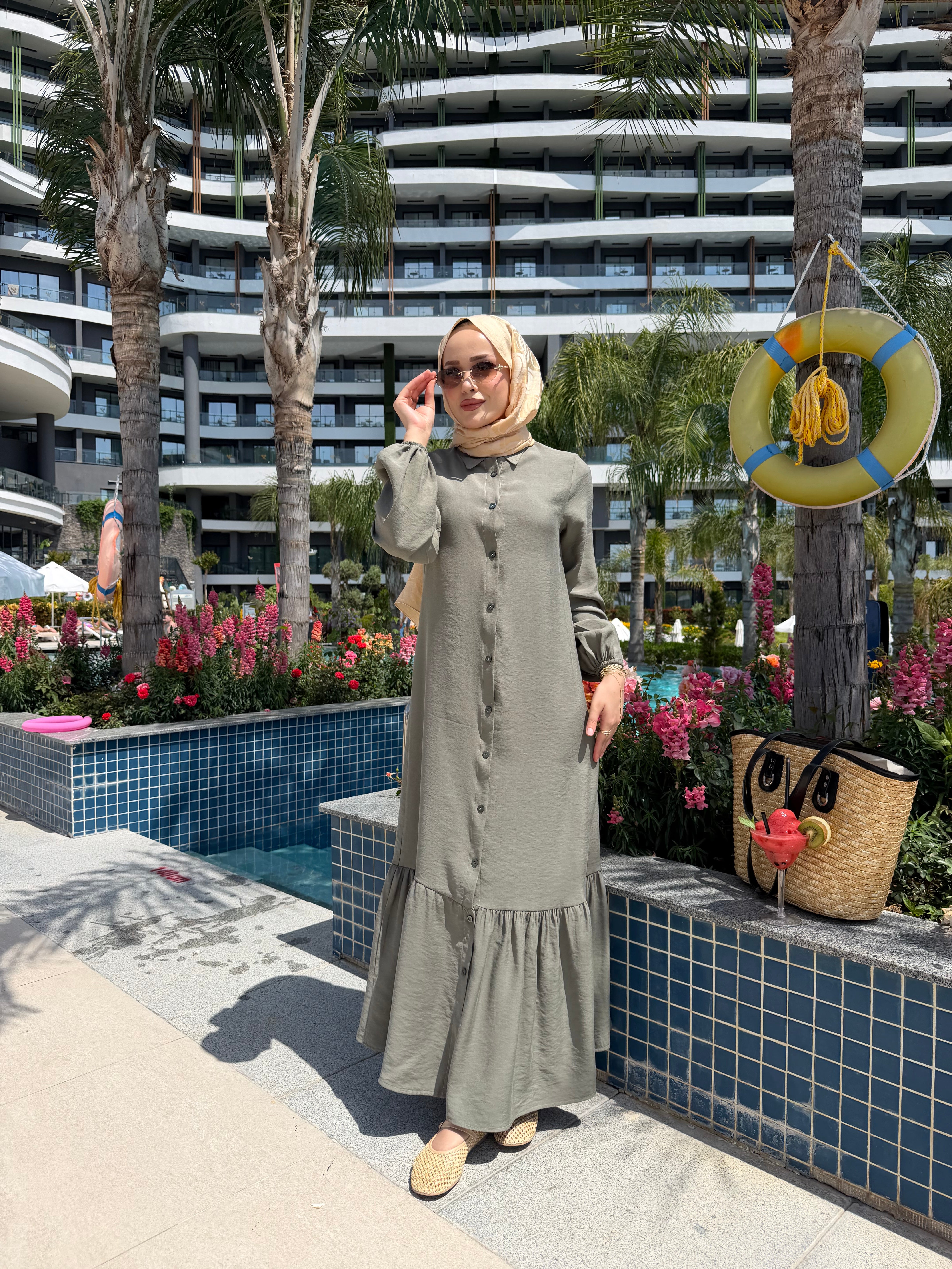 Düğme detaylı volanlı Leyla elbise mint yeşili