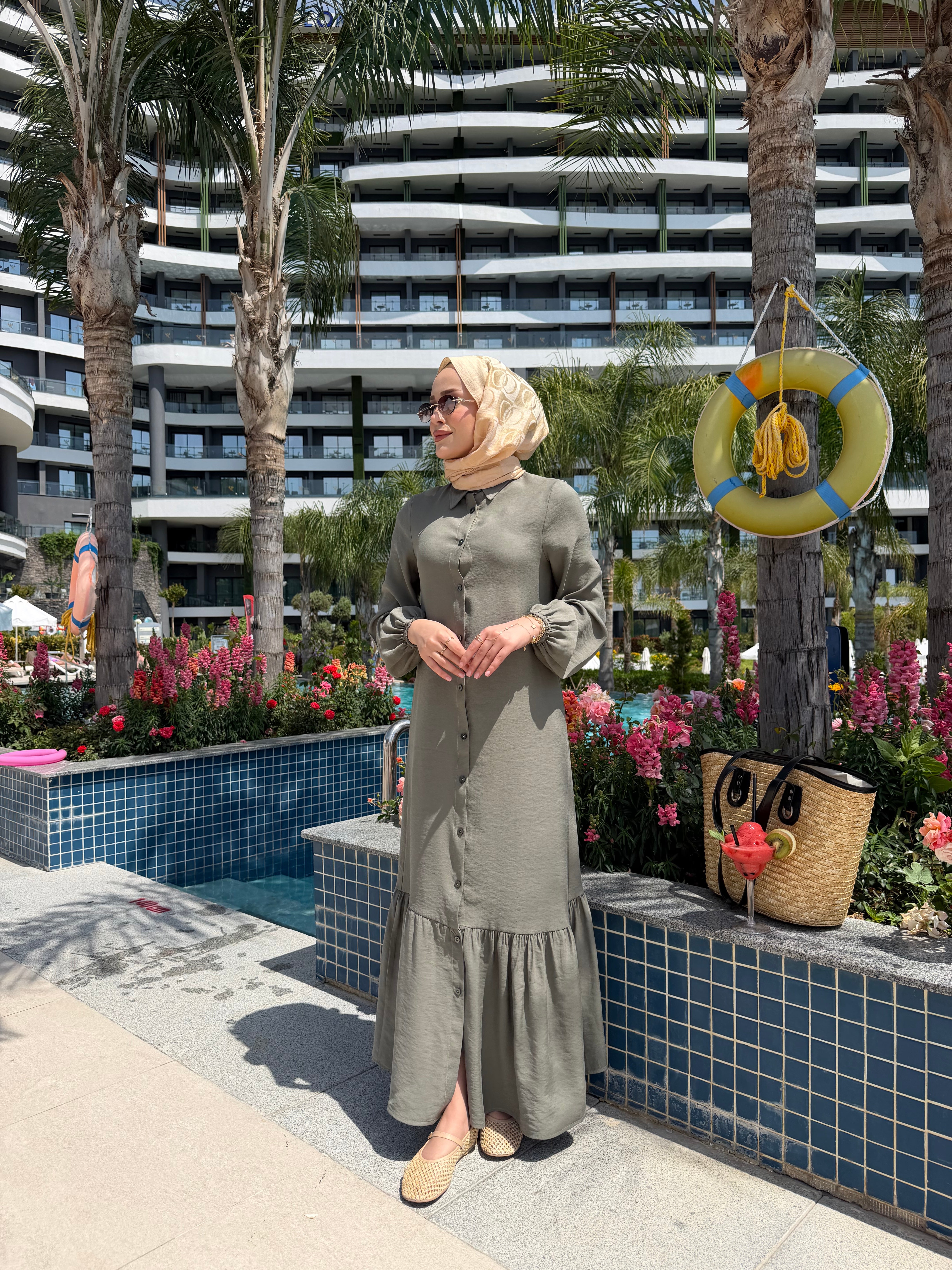 Düğme detaylı volanlı Leyla elbise mint yeşili
